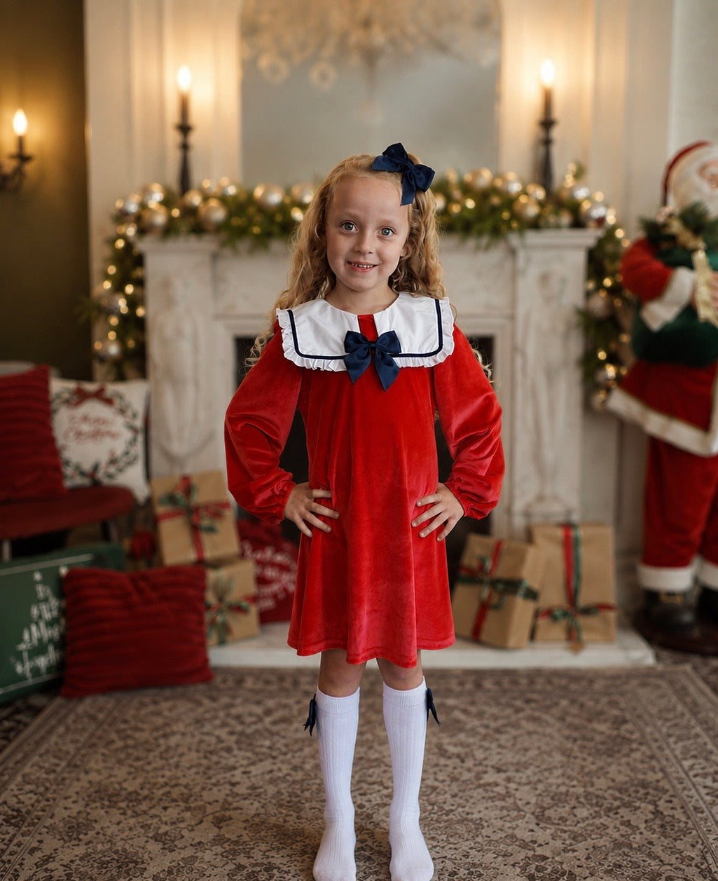 Gigi Girls Velvet Dress Socks & Hair Bow Red