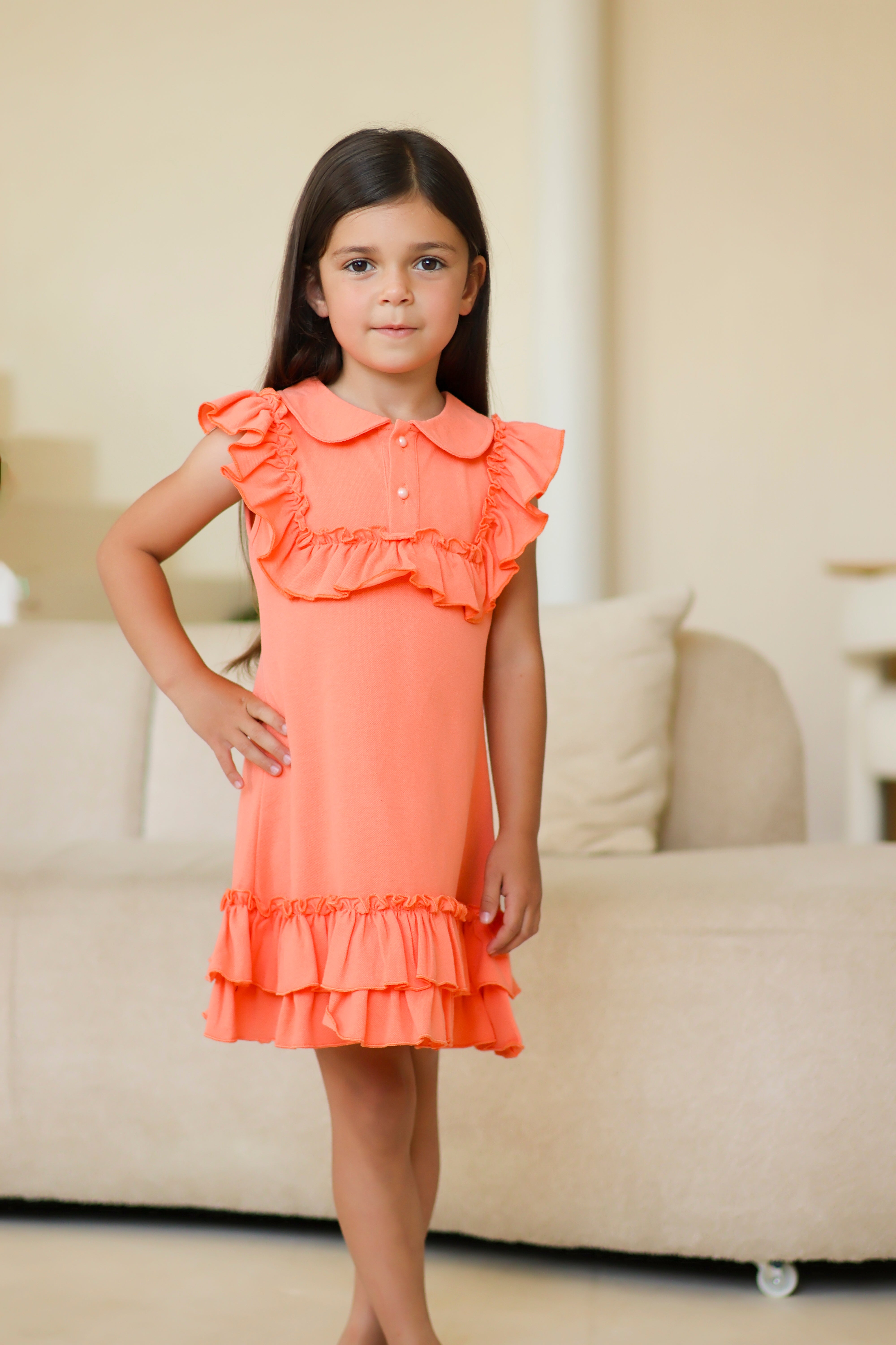 Ellie Girls Frilly Ruffle Polo Dress Coral