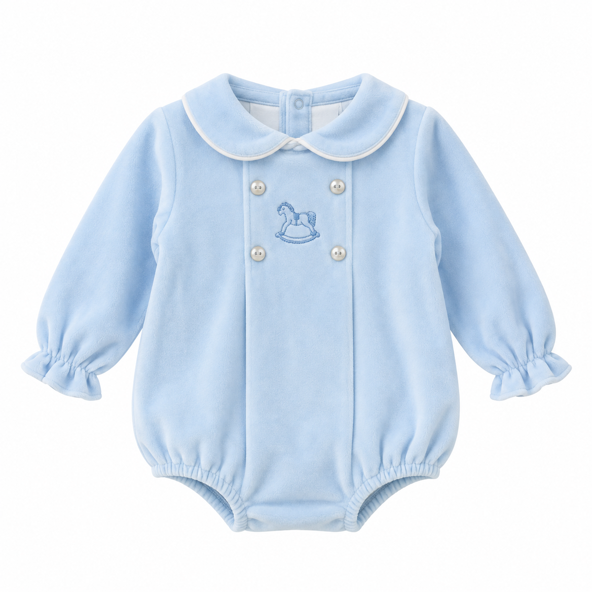 George Romper Peter Pan Collar Embroidery Horse Blue Velour