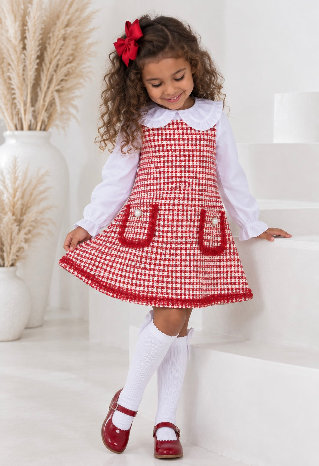 Alaska Girls Tweed look Shimmer Shirt Dress Red