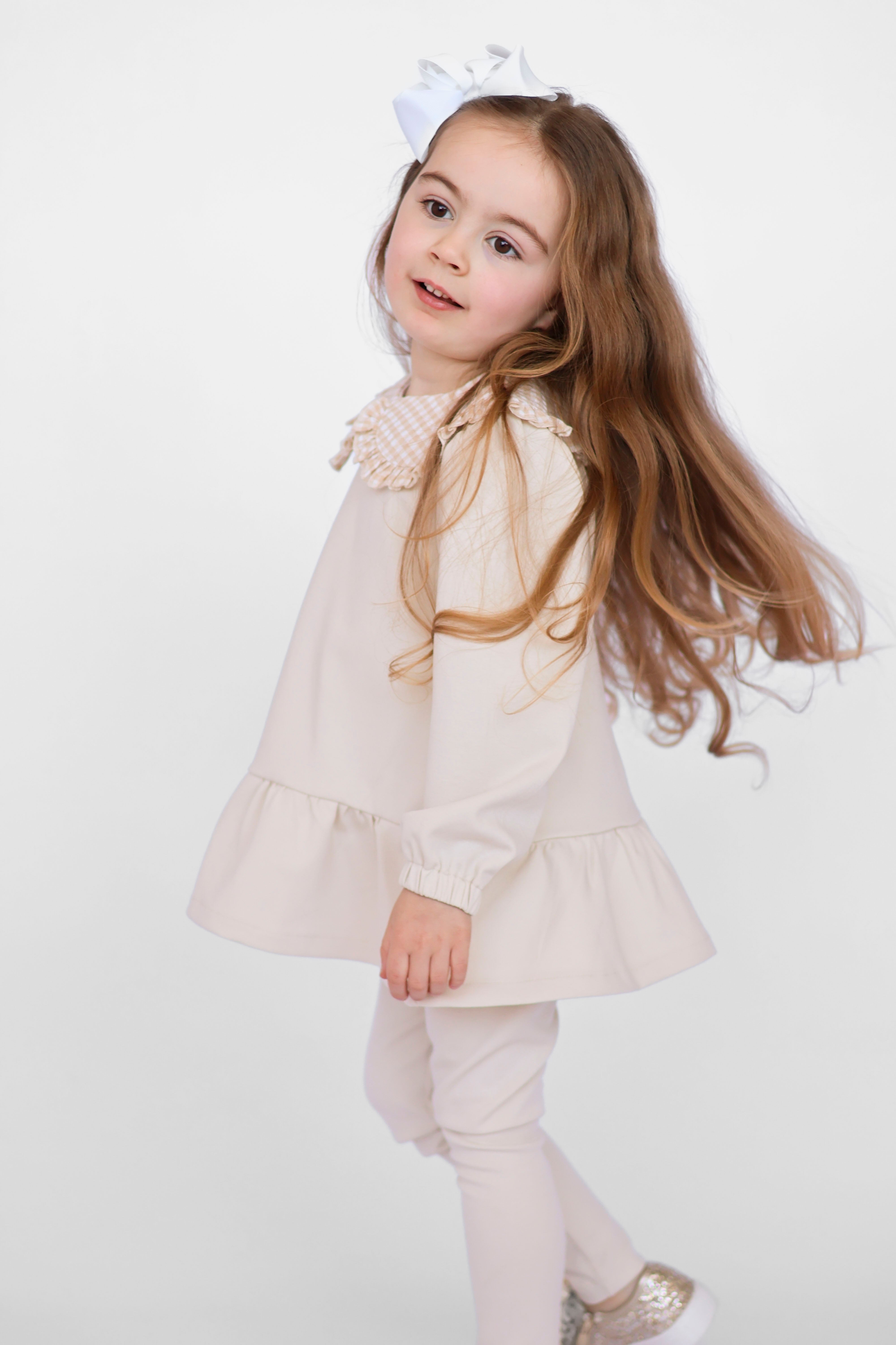 Posie Luxe Girls Check Collar Top & Legging Tracksuit Set Beige