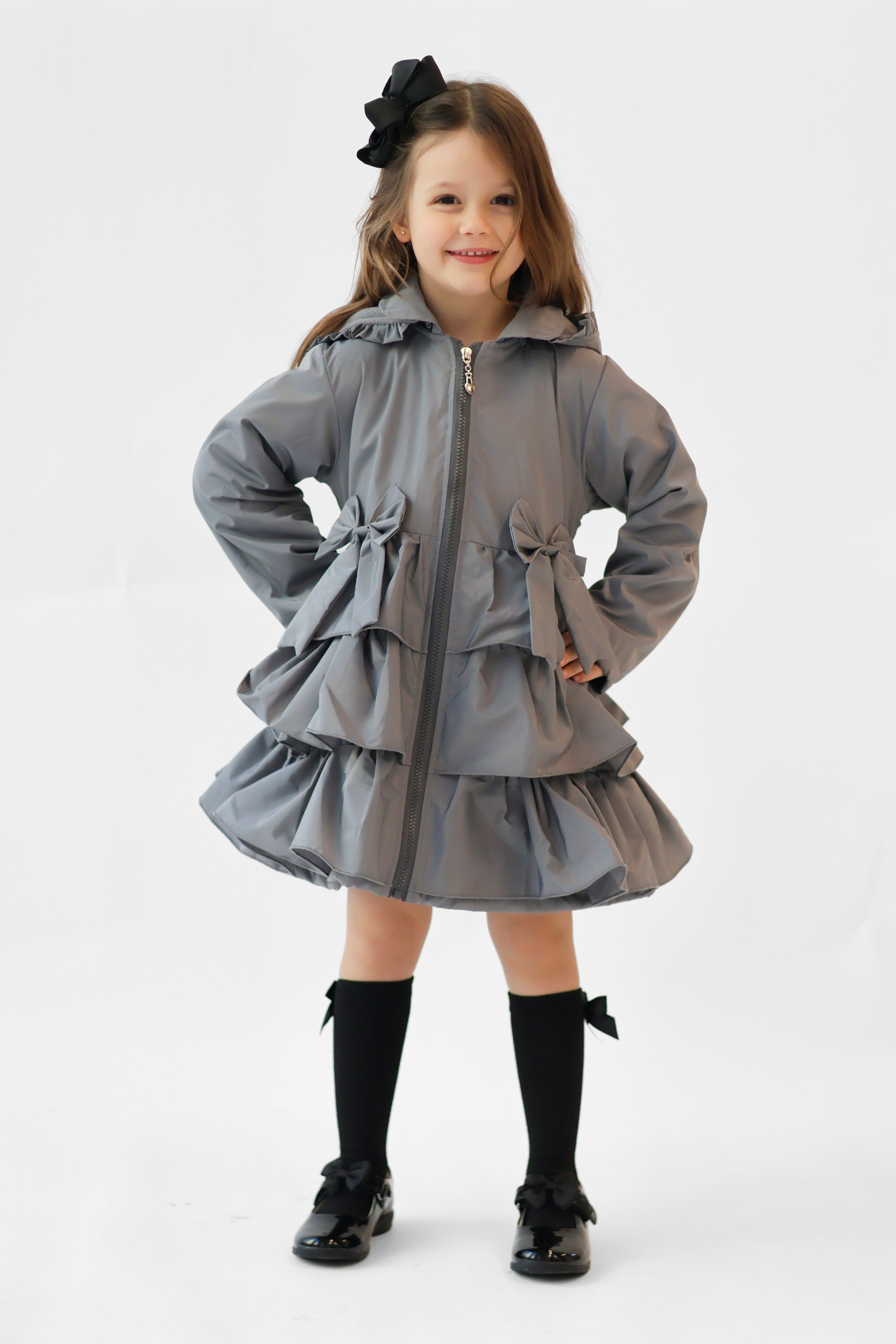 Martine Girls Frilly Bow Fleece Lined Rain Jacket Grey
