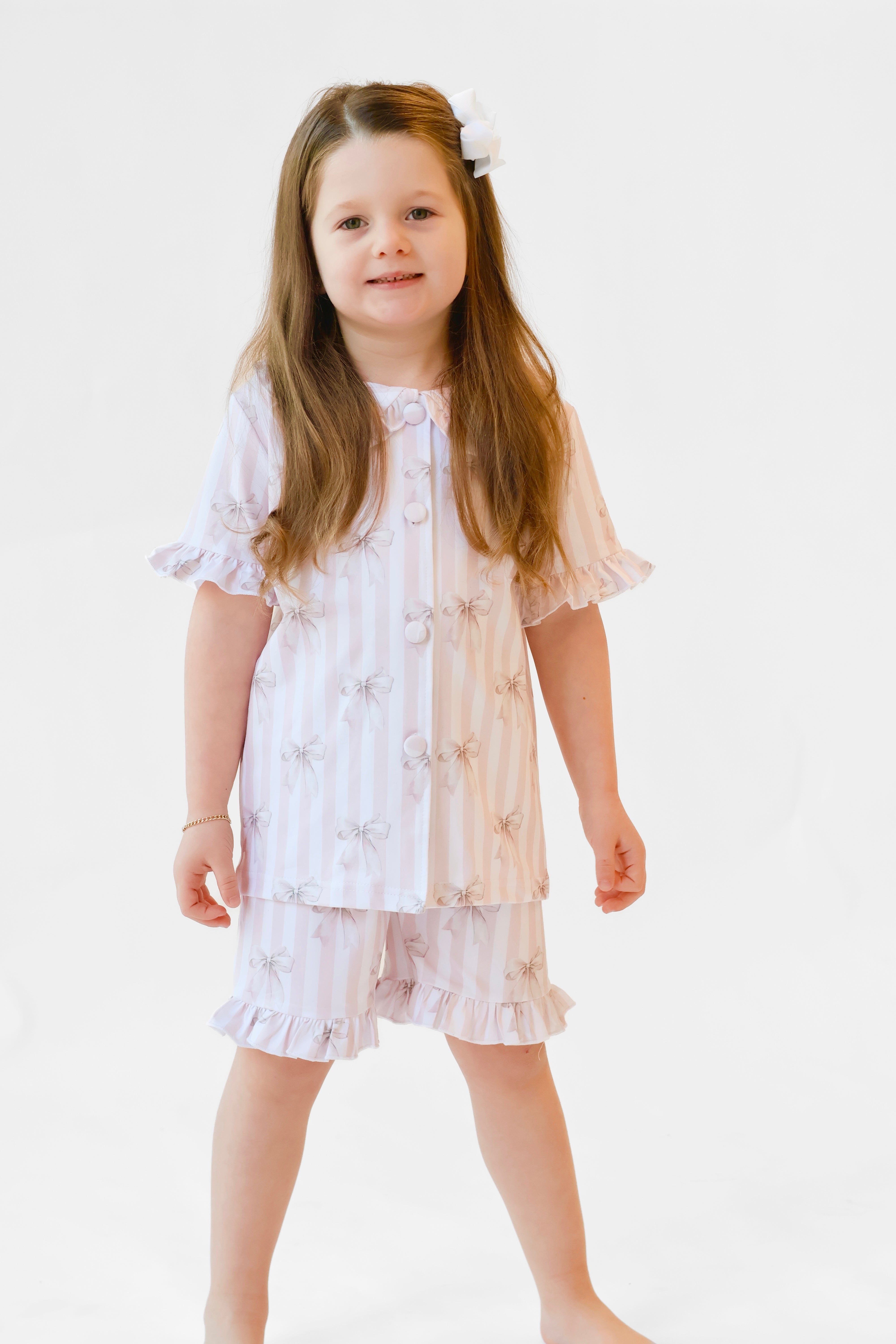 Beige Stripe Bow Short Sleeve Girls Frilly Pyjamas