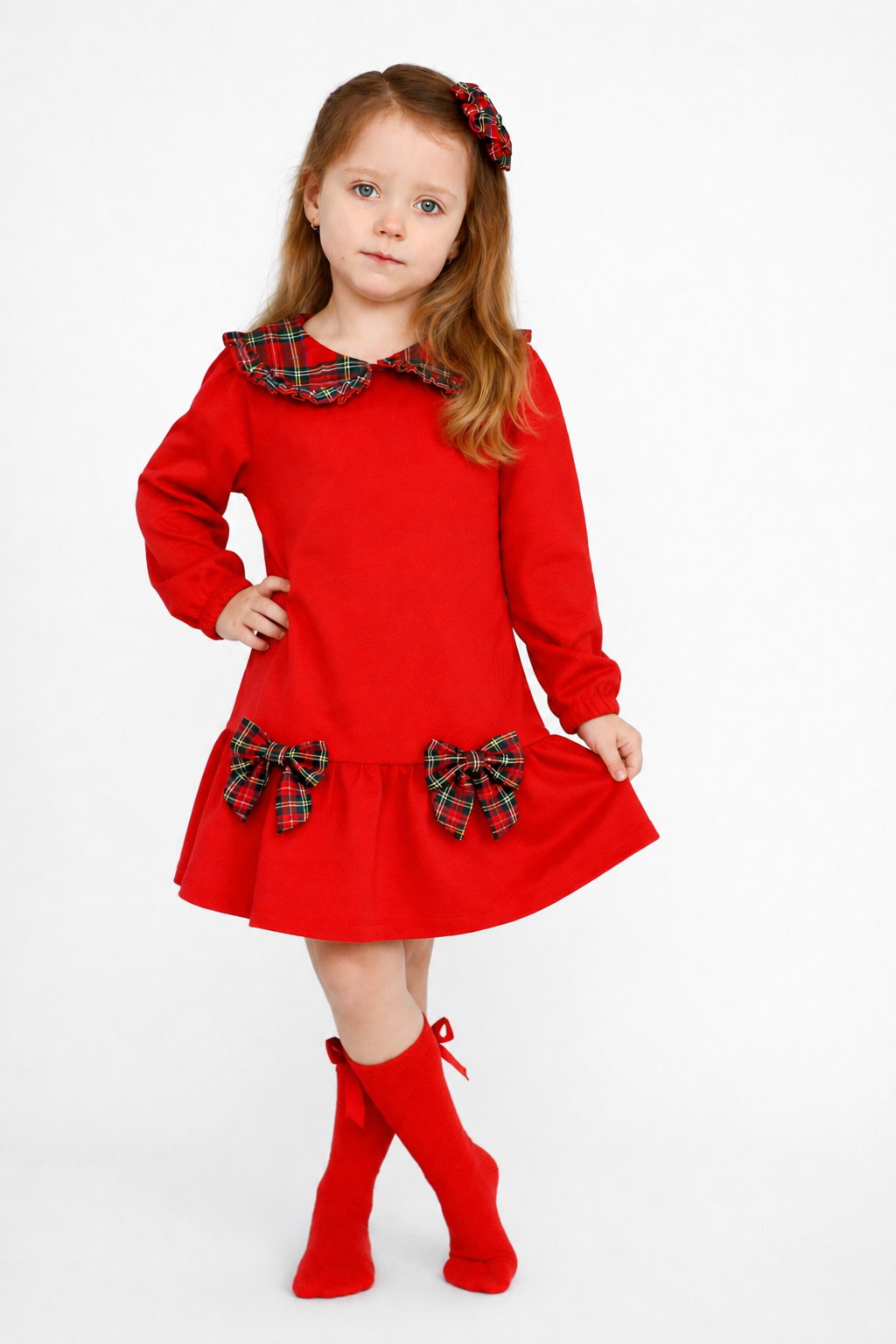 Esmae Girls Tartan Bow Frill Dress Red