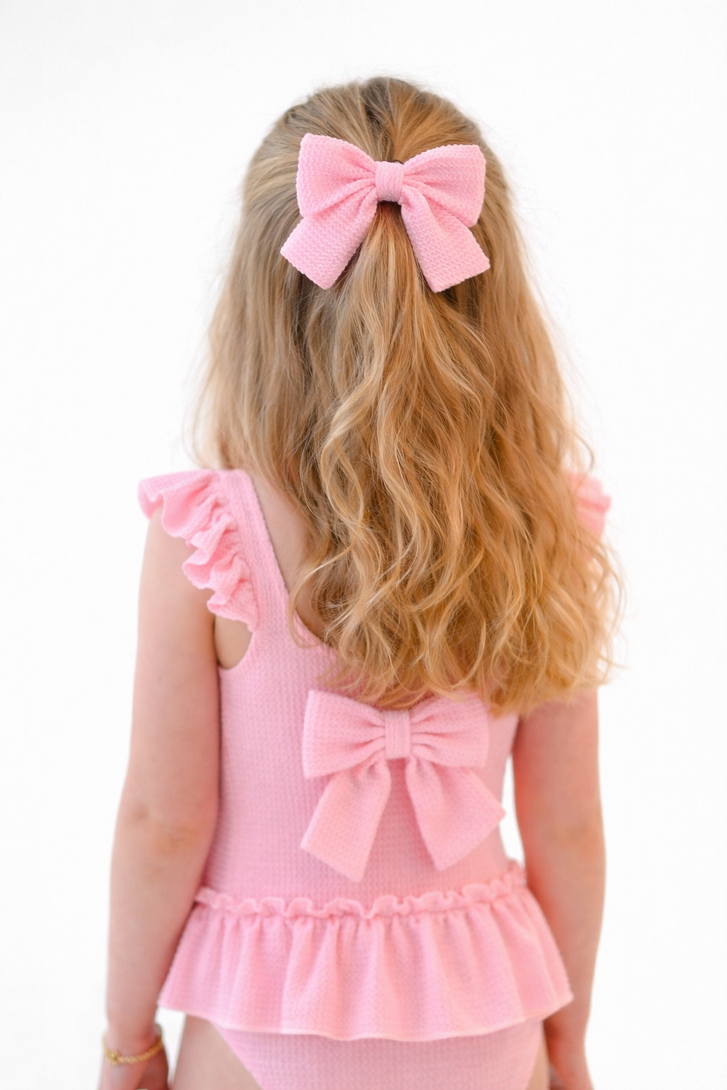 Holly Girls Pink Waffled Frilly Bow Swimming Costume & Hair Bow