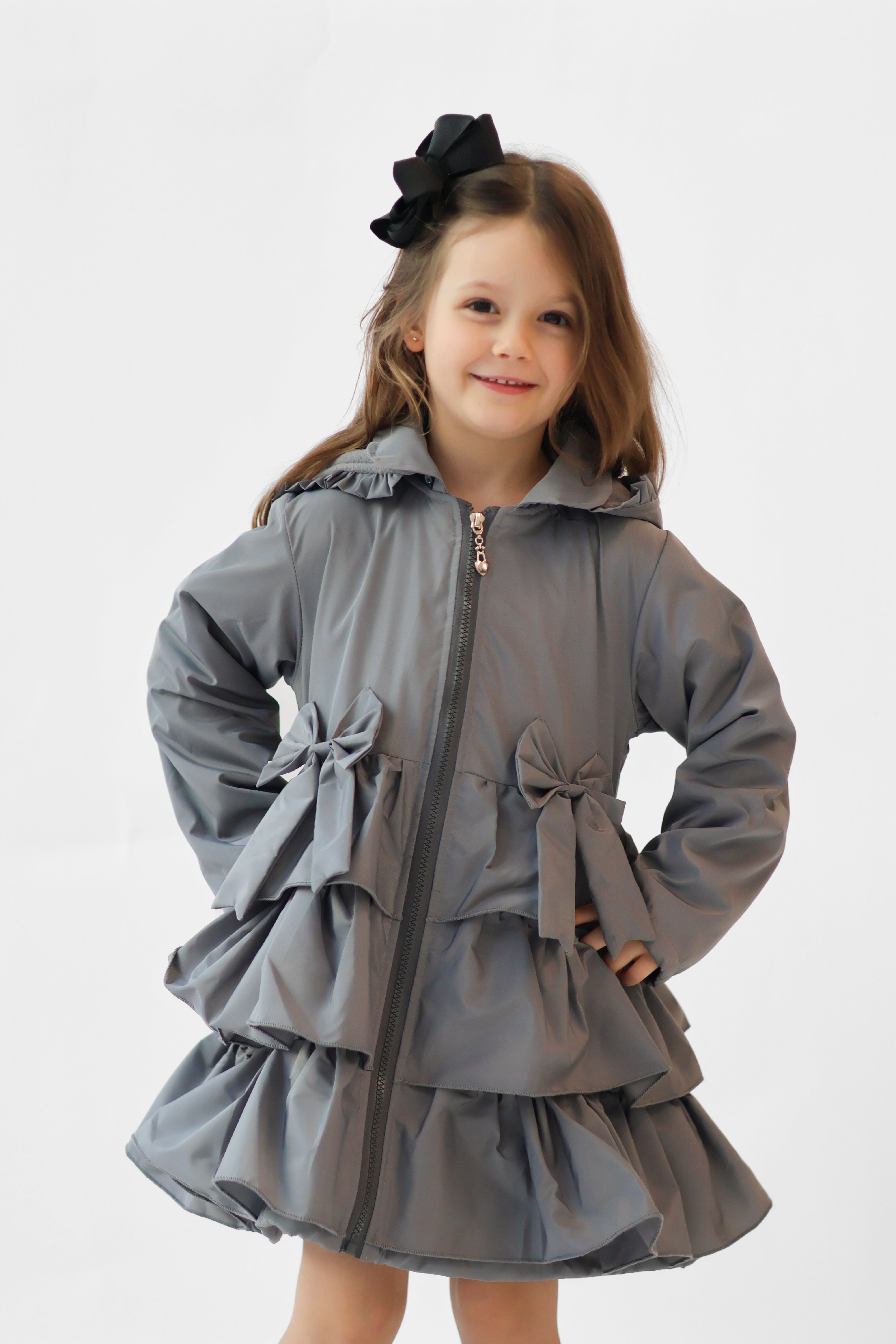 Martine Girls Frilly Bow Fleece Lined Rain Jacket Grey