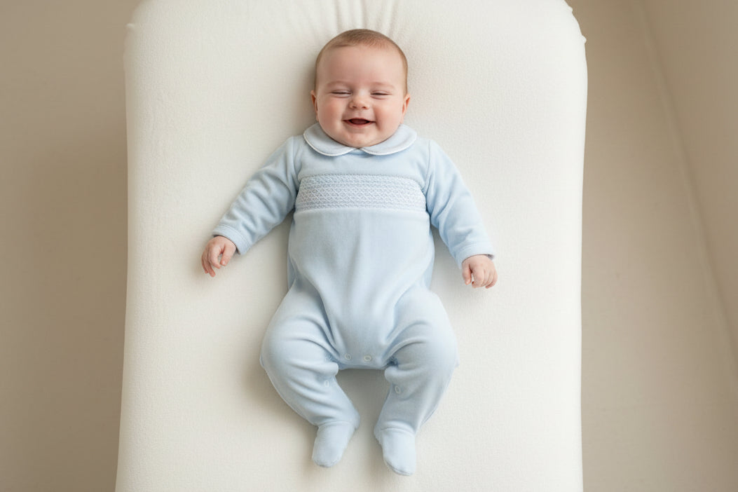 SG68 Baby Boys Peter Pan Velour Collar Smocking Babygrow Baby Blue