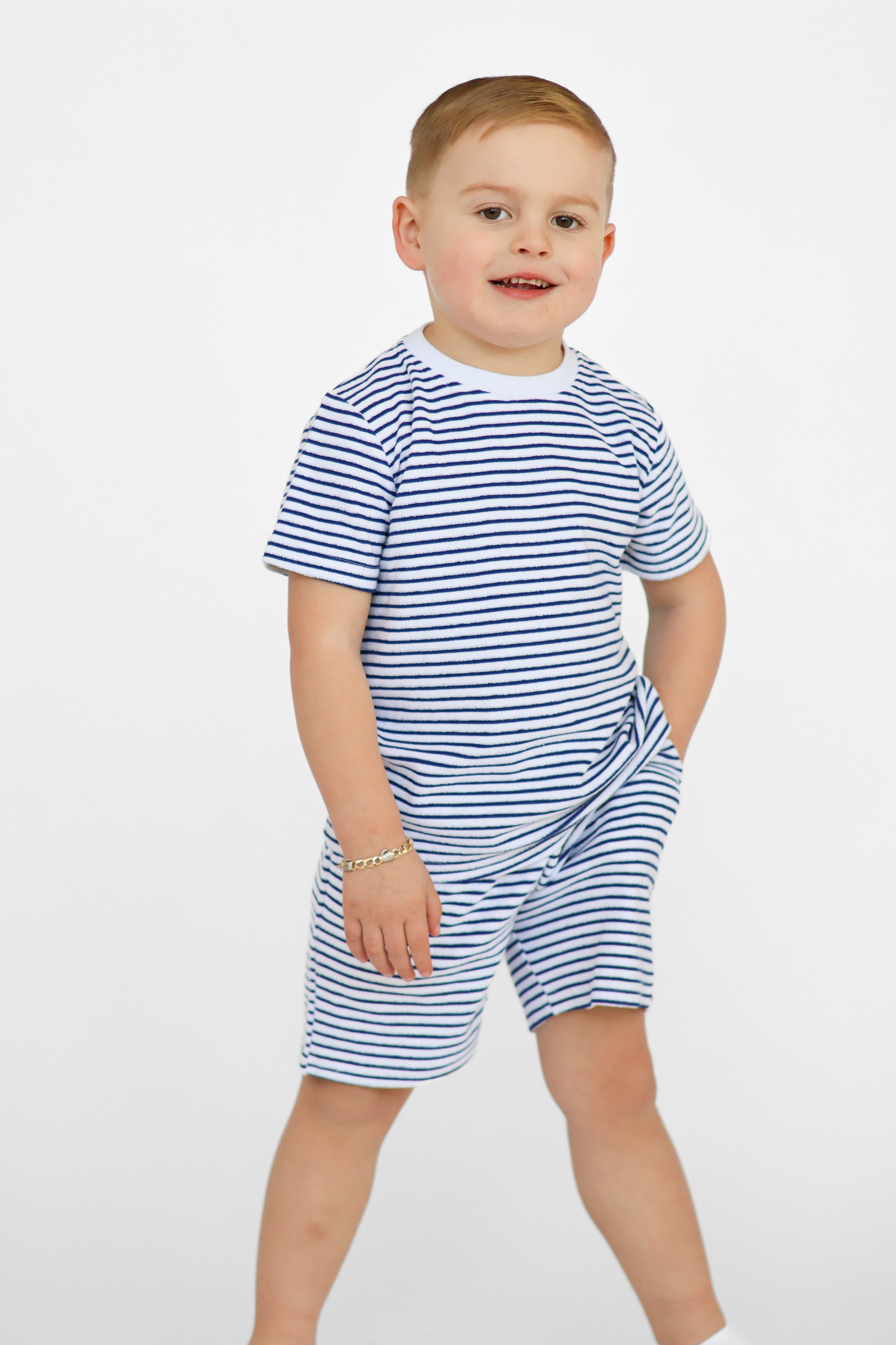 Leo Boys Stripe Towelling Plain Shorts & T-Shirt Set Navy