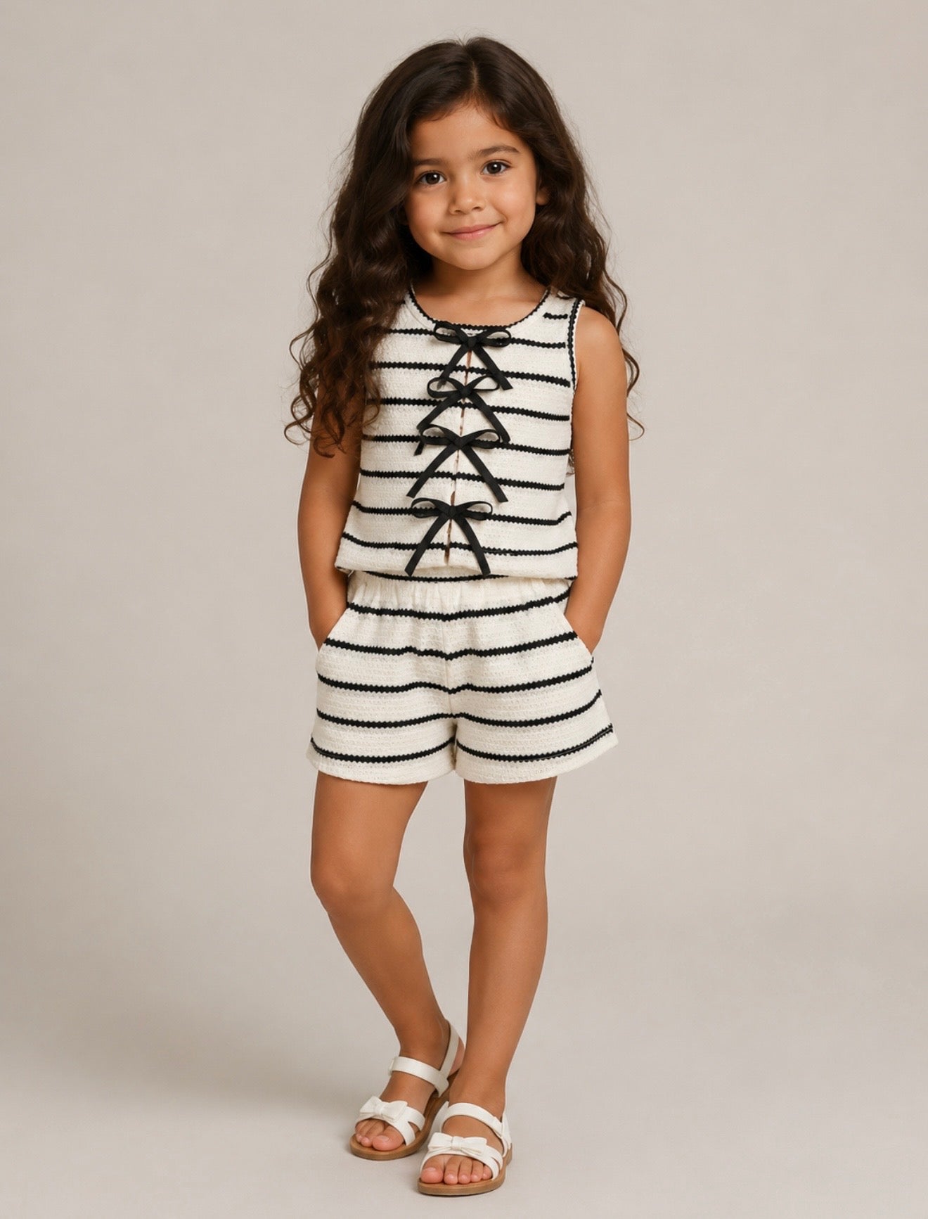 Girls Stripe Short Set With Bow Detail Black