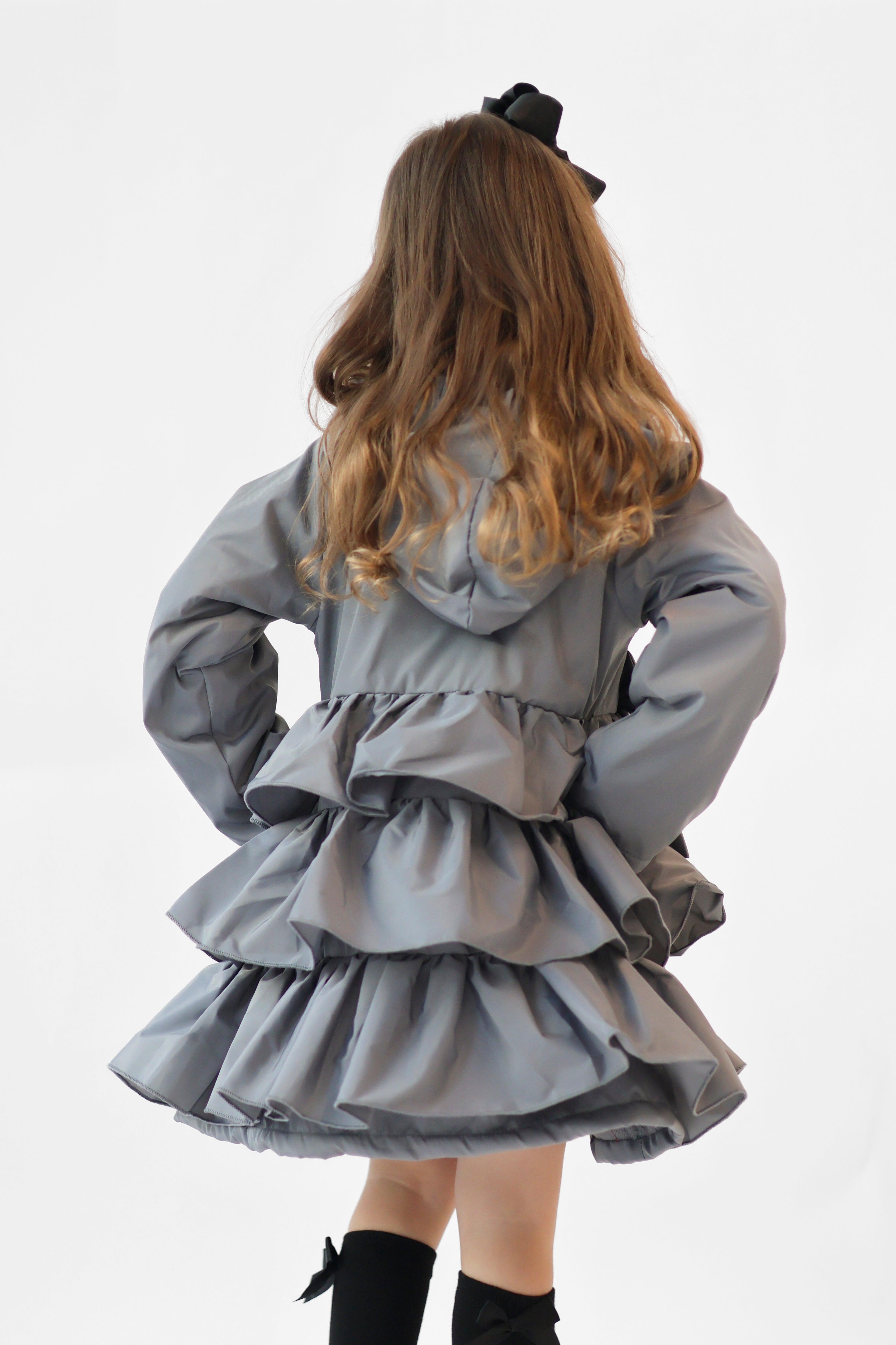 Martine Girls Frilly Bow Fleece Lined Rain Jacket Grey