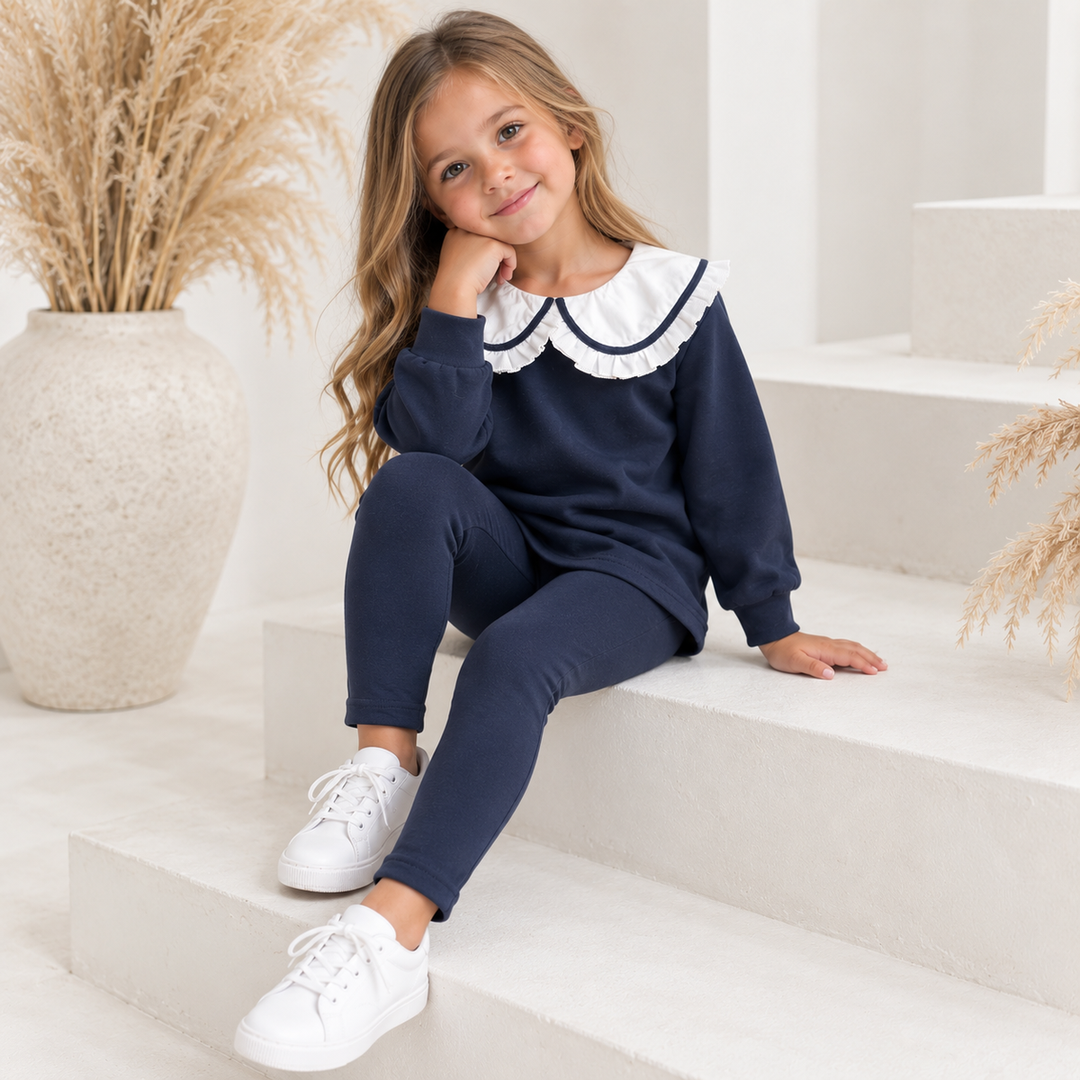 Harlow Luxe Girls Frill Collar Legging Tracksuit Set Navy