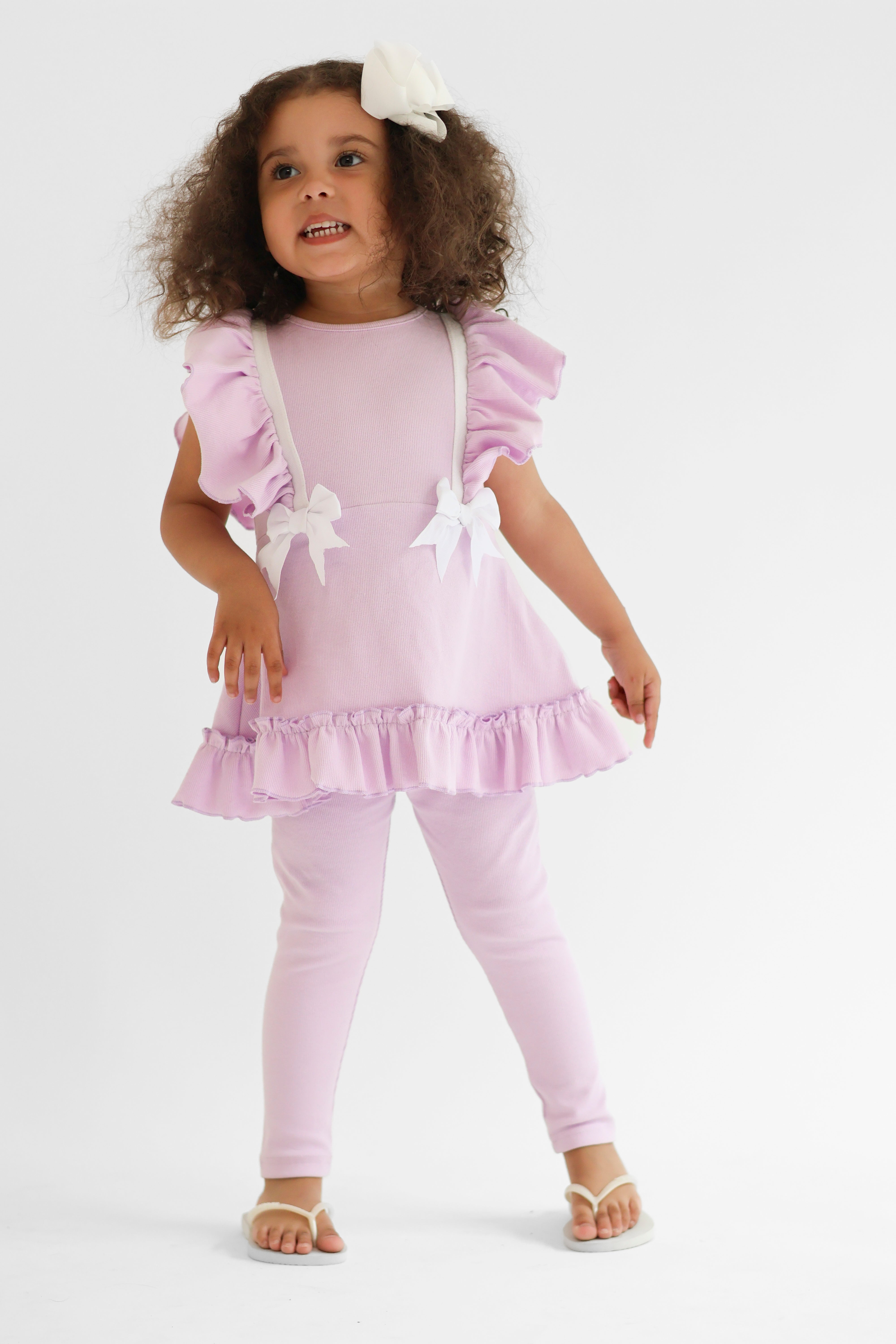 Mia Girls Ribbed Lilac Frilly Bow 3 Piece Short Set & Legging Set