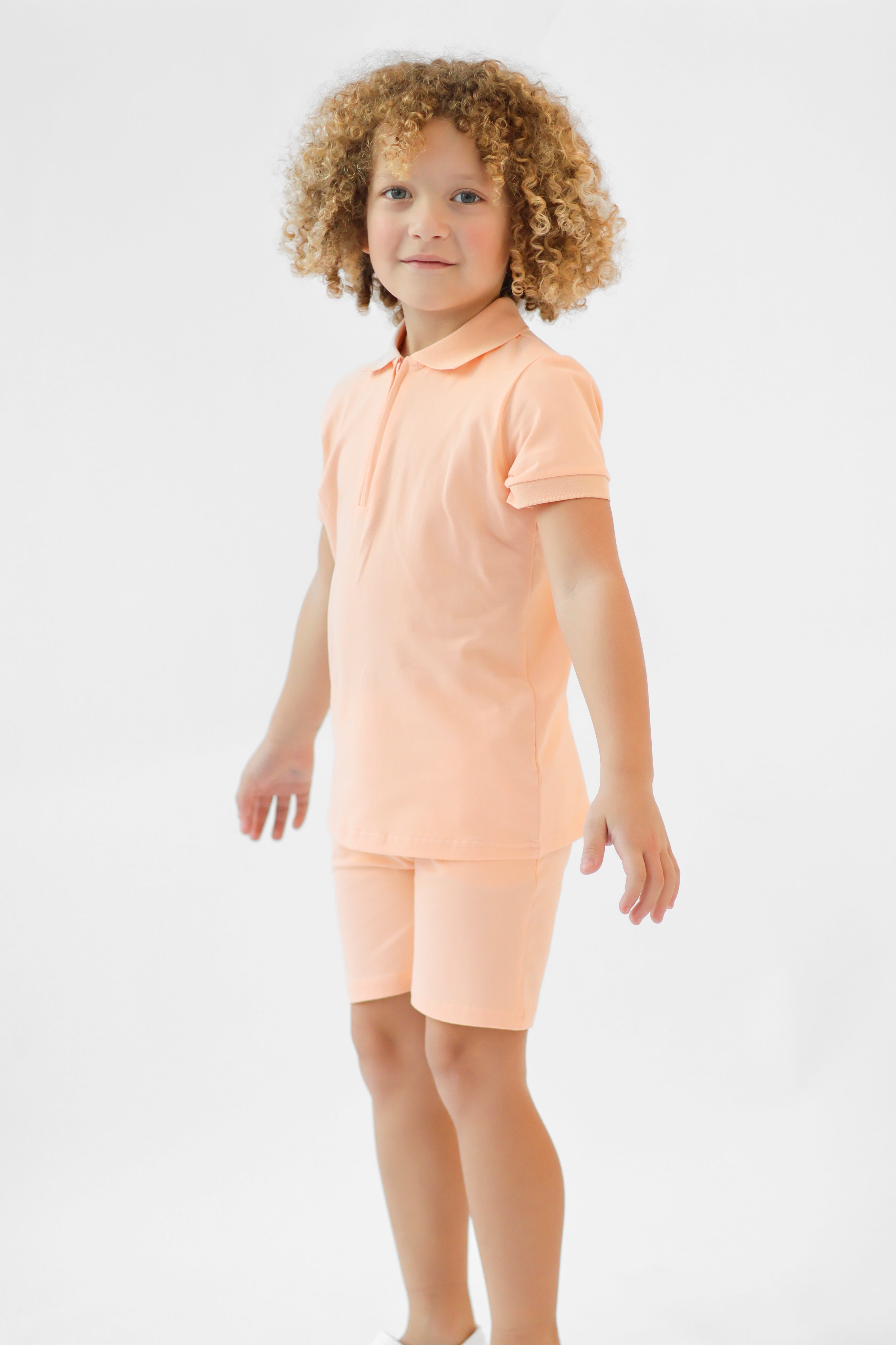 Jay Boys Plain Zip Up Polo Short Set Peach