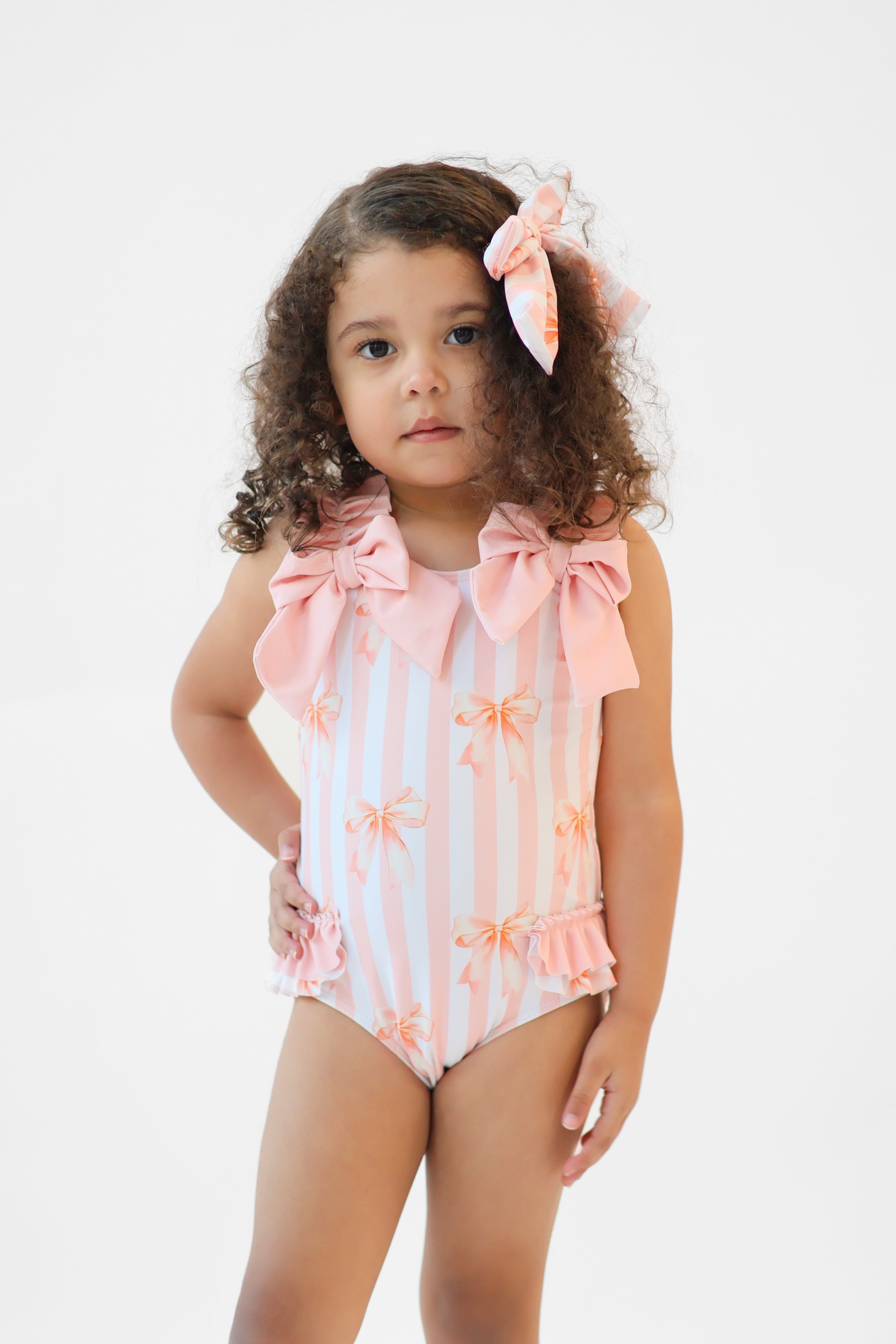 Olivia Girls Peach Striped Bow Frilly Swimming Costume