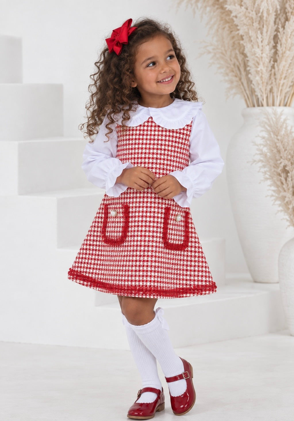 Alaska Girls Tweed look Shimmer Shirt Dress Red