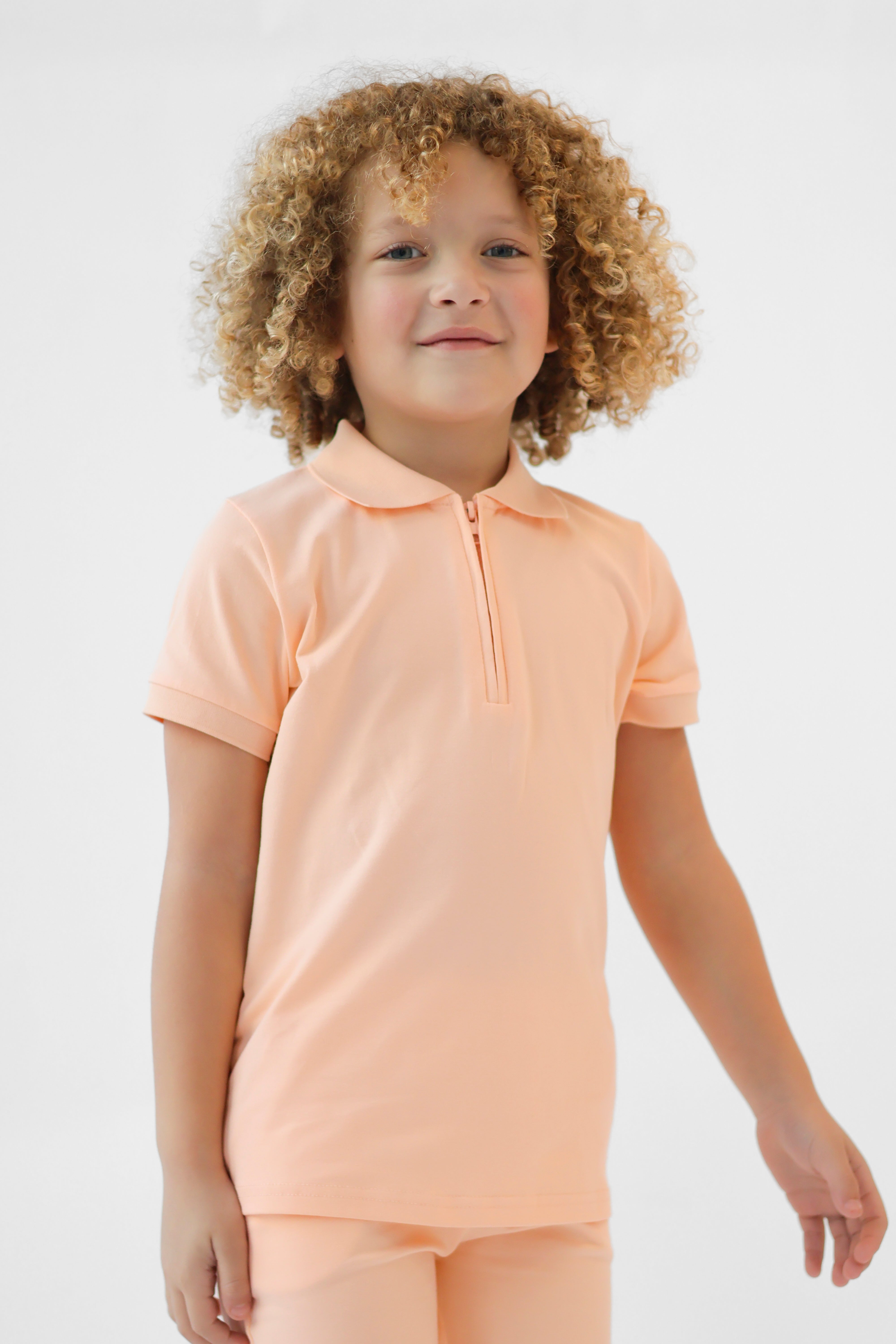 Jay Boys Plain Zip Up Polo Short Set Peach