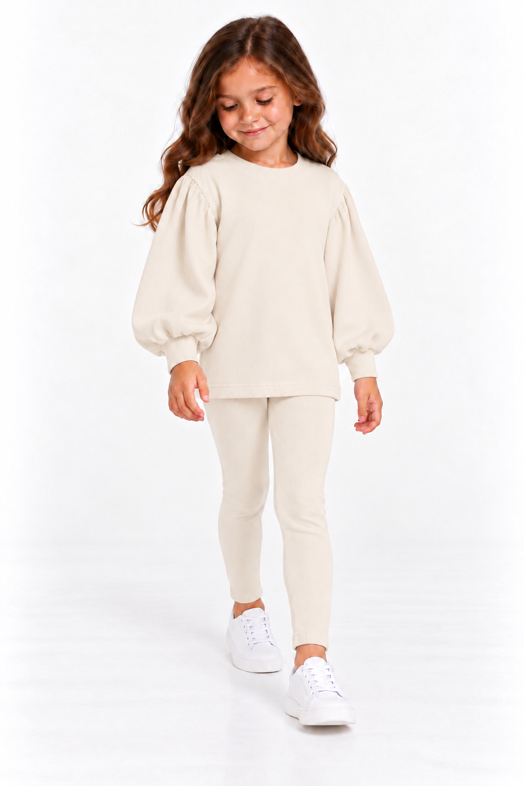 Maddie Ribbed Girls Balloon Jumper & Legging Tracksuit Set Beige