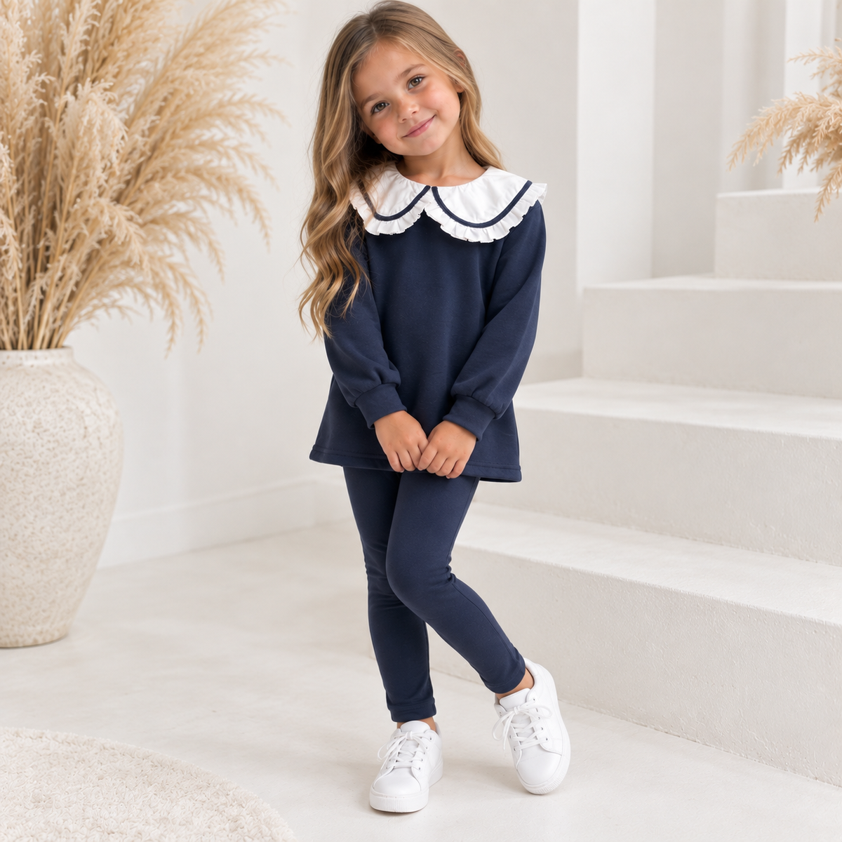 Harlow Luxe Girls Frill Collar Legging Tracksuit Set Navy