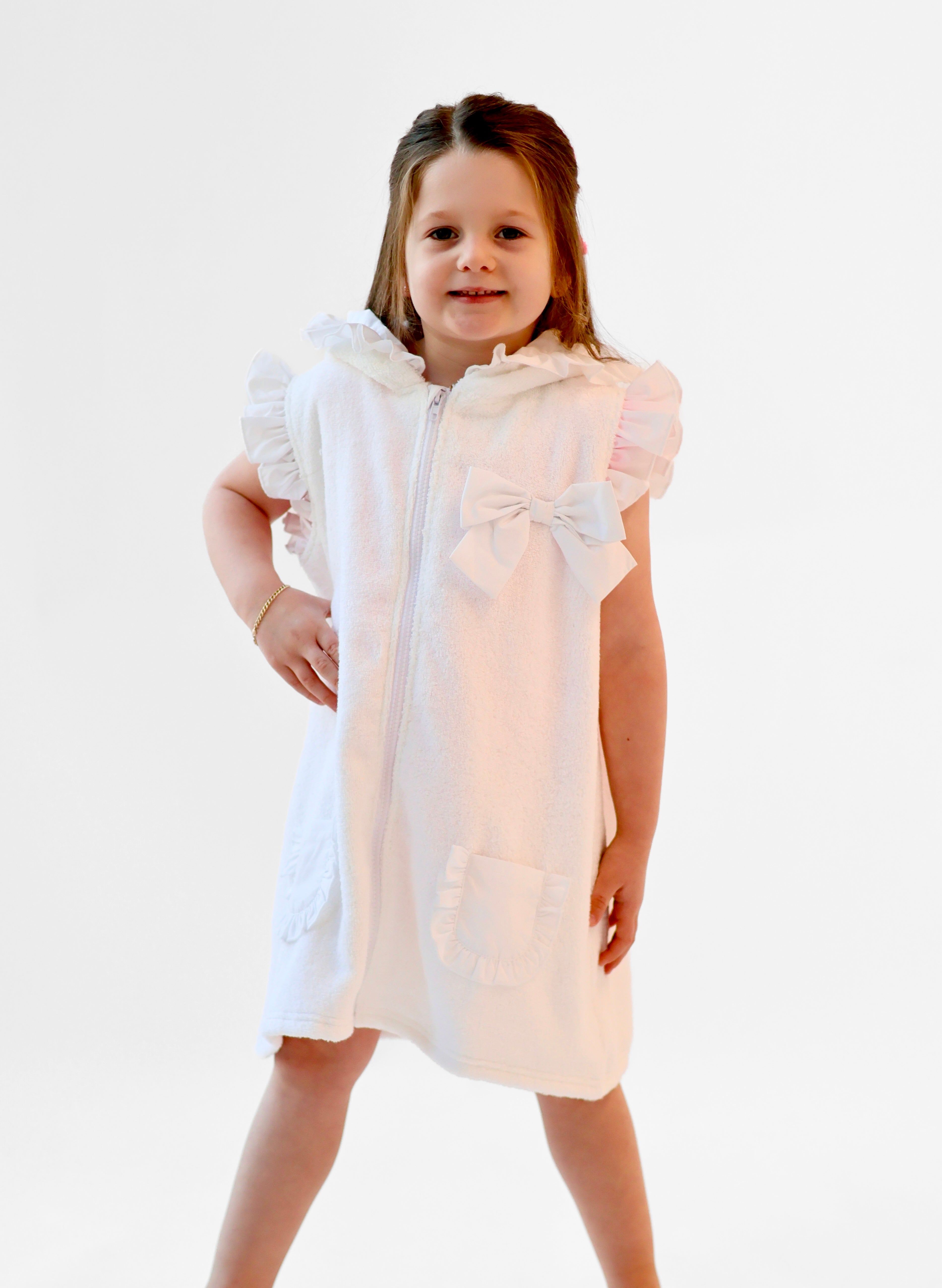 Girls Bow Towel Zip Up Poncho