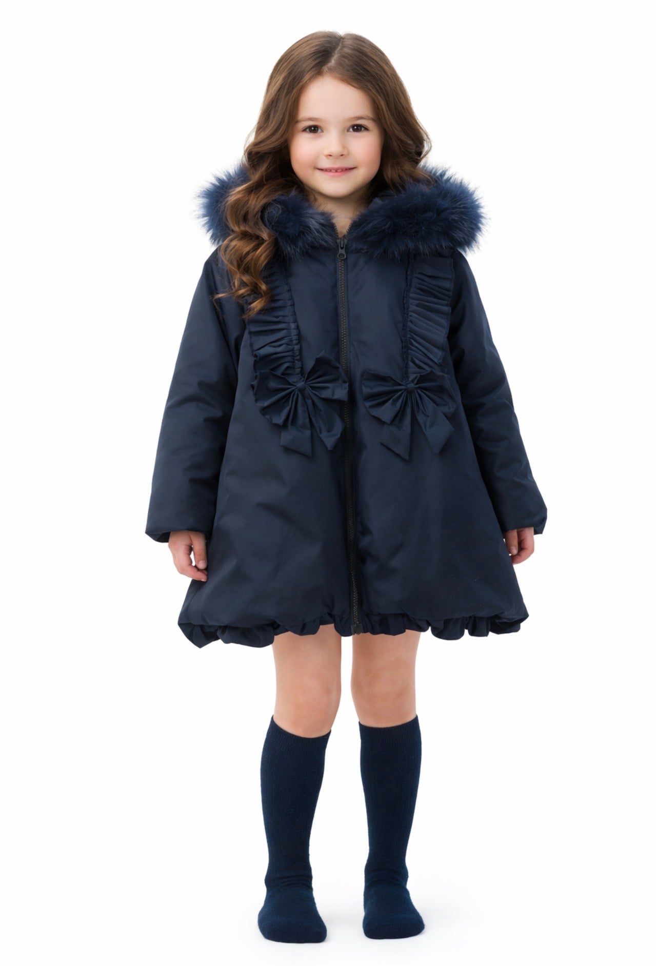 Scarlet Girls Padded Faux Fur Hood Frilly Bow Coat Navy