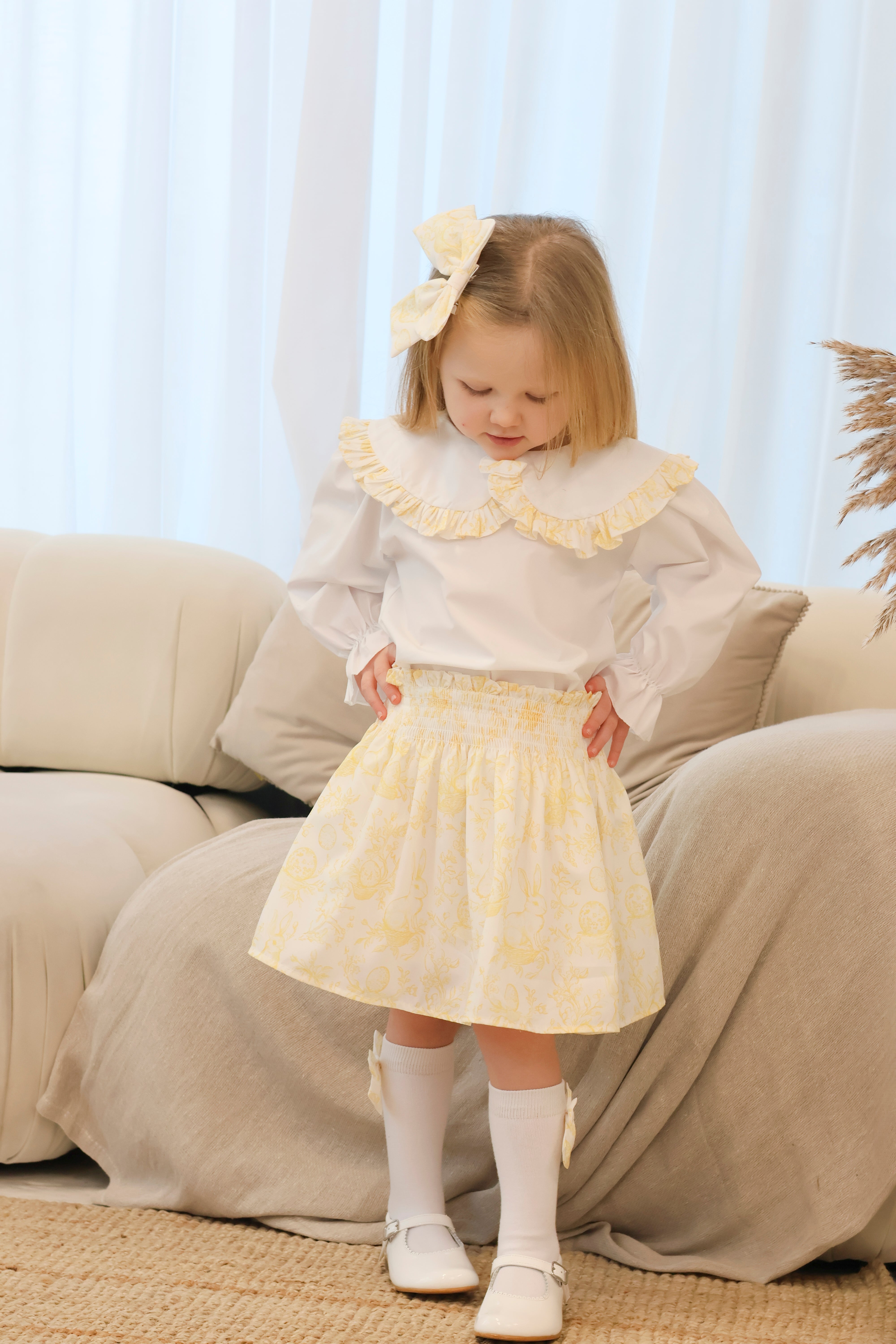 Girls Bunny Print 3 Piece Skirt & Shirt Set Lemon