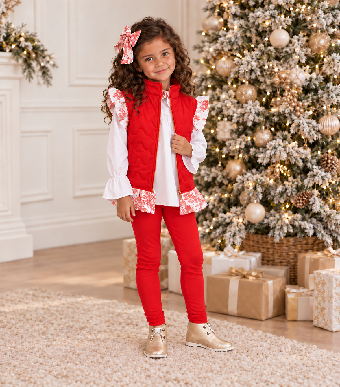 Lorena Luxe Toile Girls 4 Piece Outfit Set Red