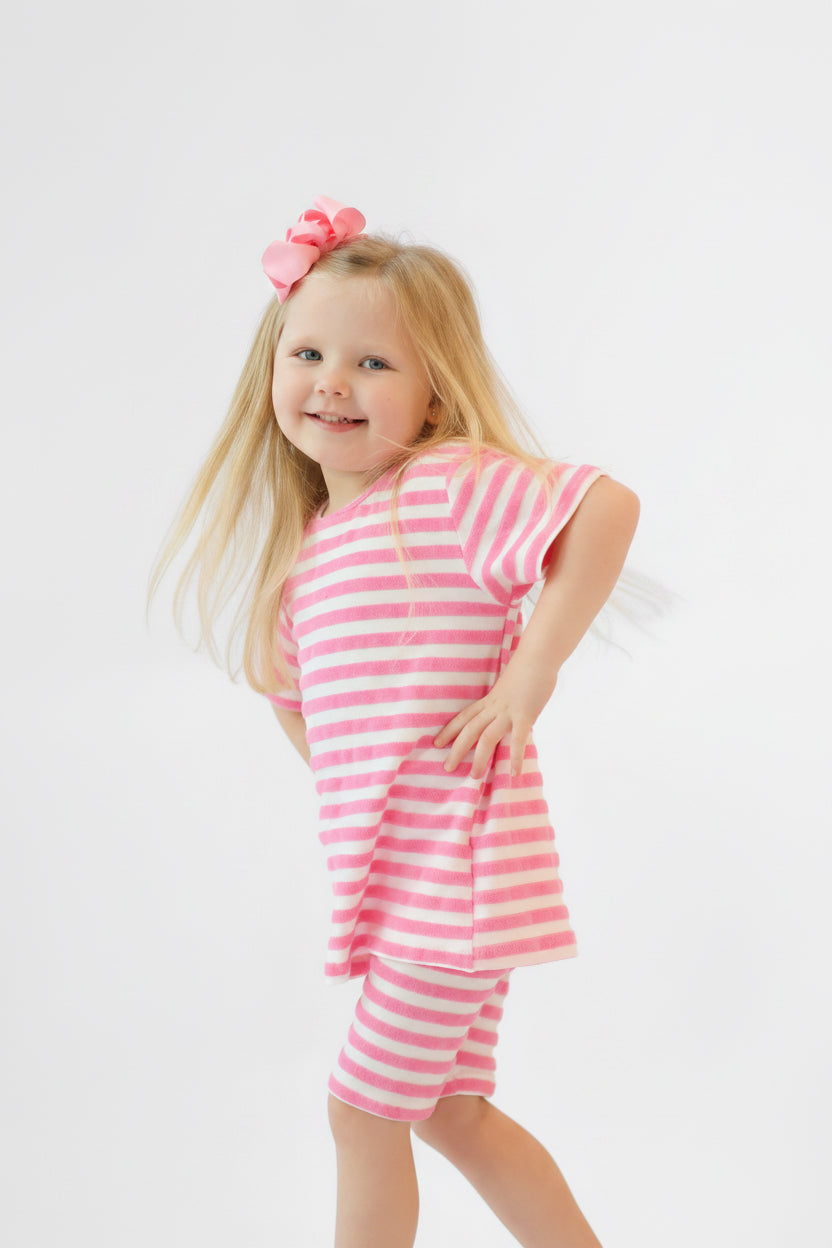 Pink Striped Girls Terry Towelling Frilly Cycling Short Set