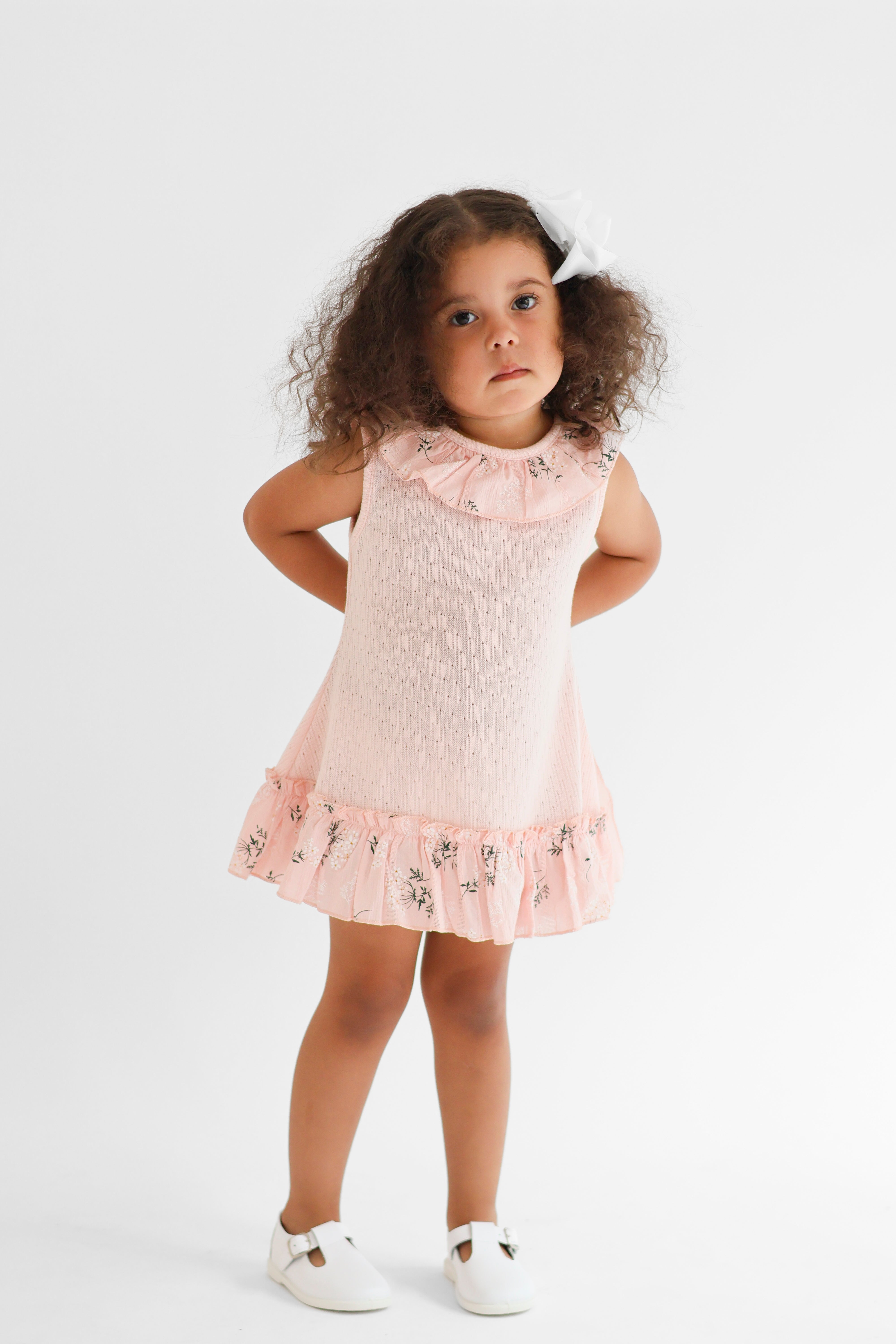 Eliza Girls Pink Knit Floral Bow Dress