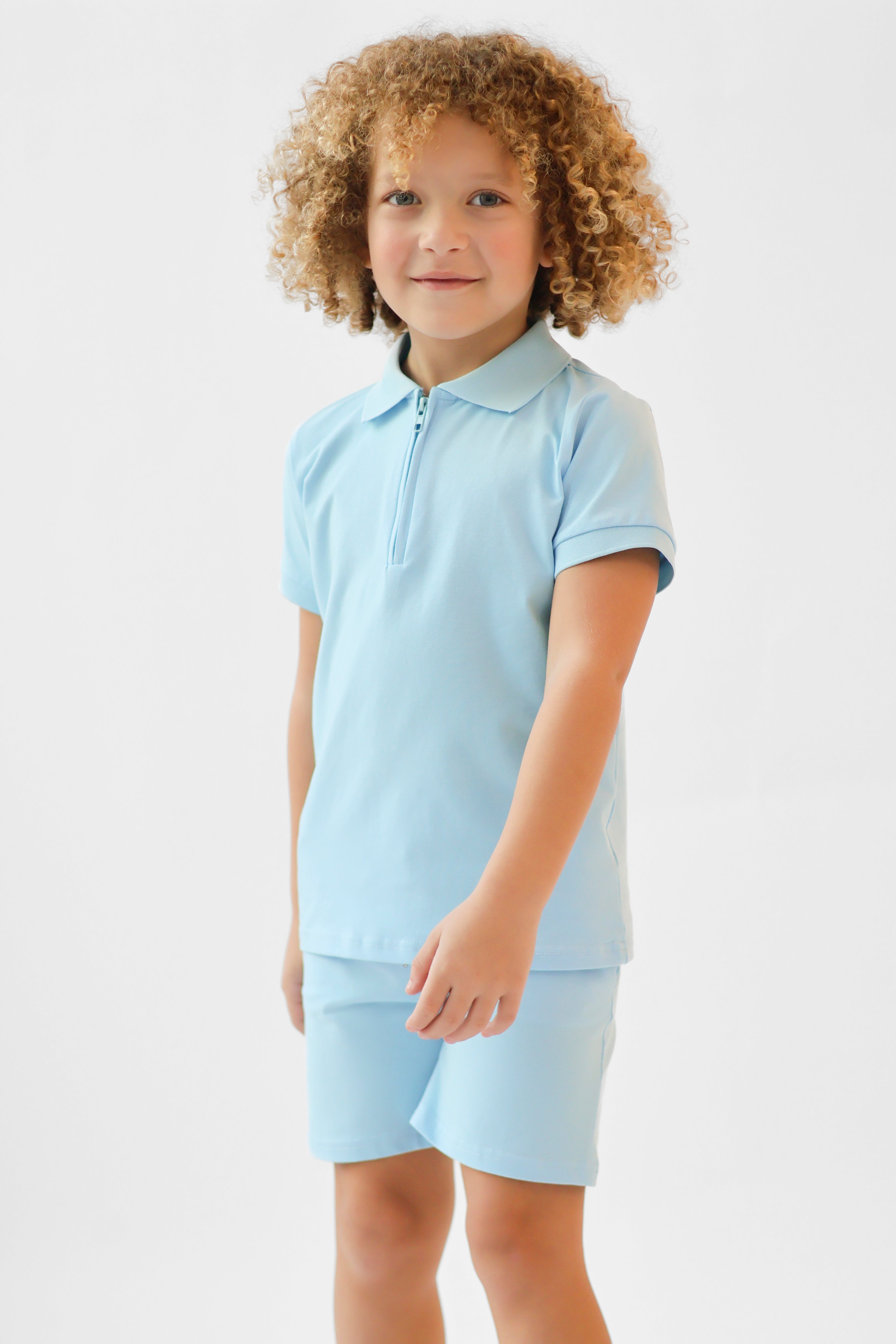 Jay Boys Plain Zip Up Polo Short Set Blue