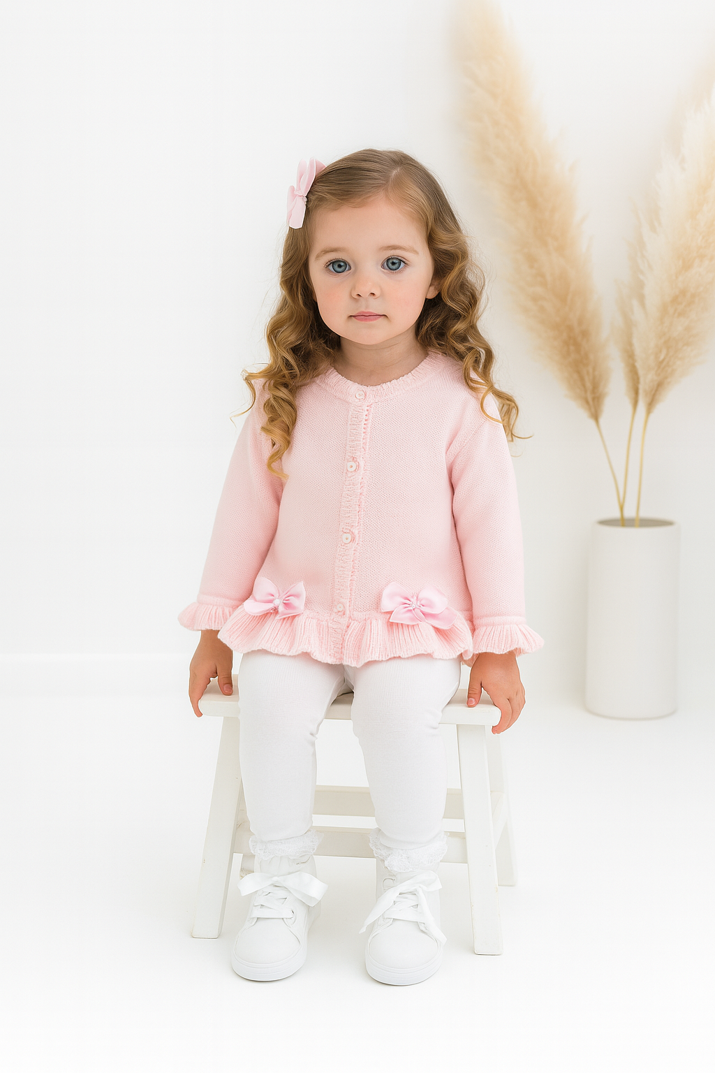 Girls Ruffle Bow Frilly Cardigan Pink