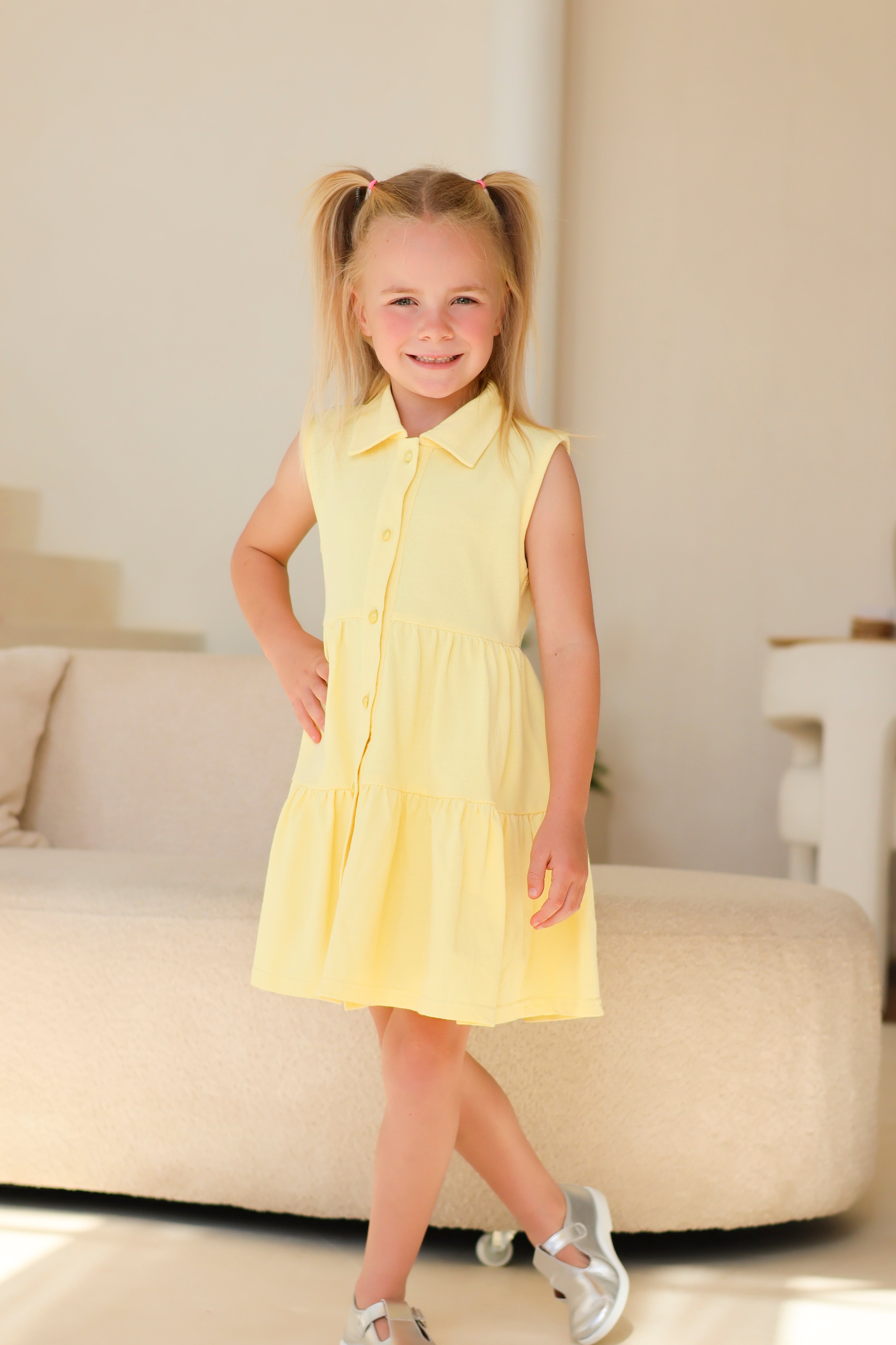 Maya Girls Pearl Button Polo Dress Lemon