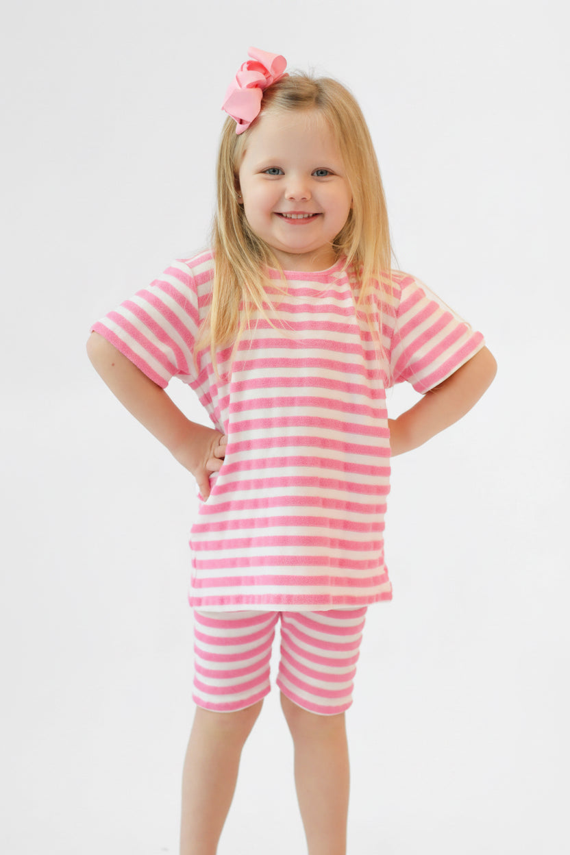 Pink Striped Girls Terry Towelling Frilly Cycling Short Set