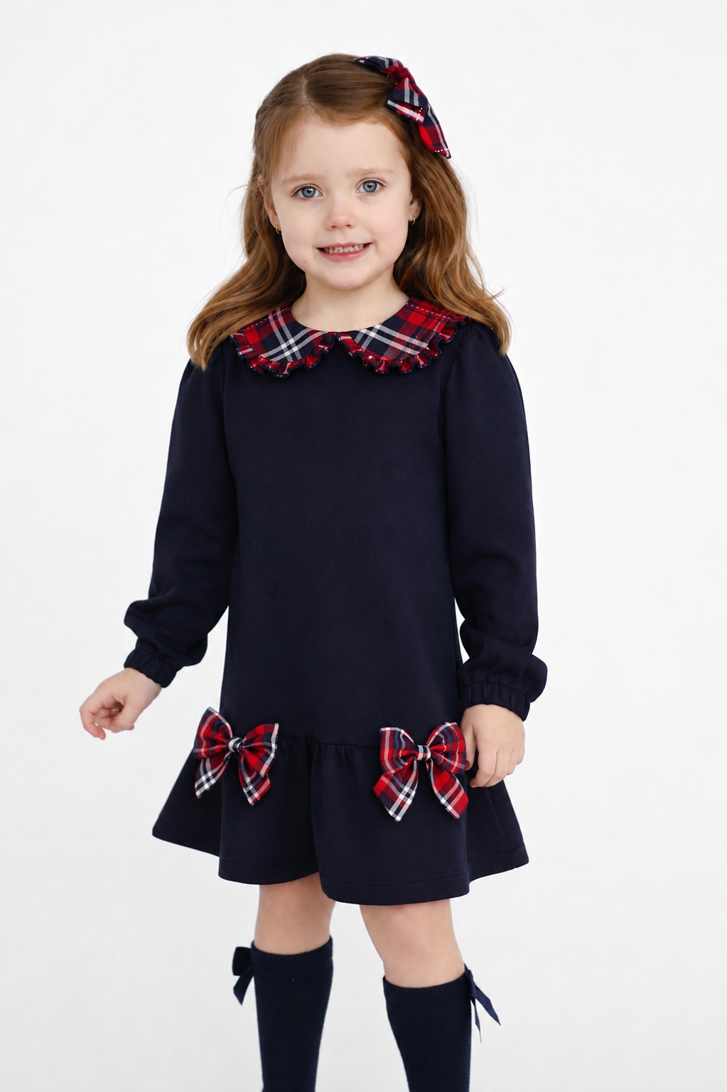 Esmae Girls Tartan Bow Frill Dress Navy