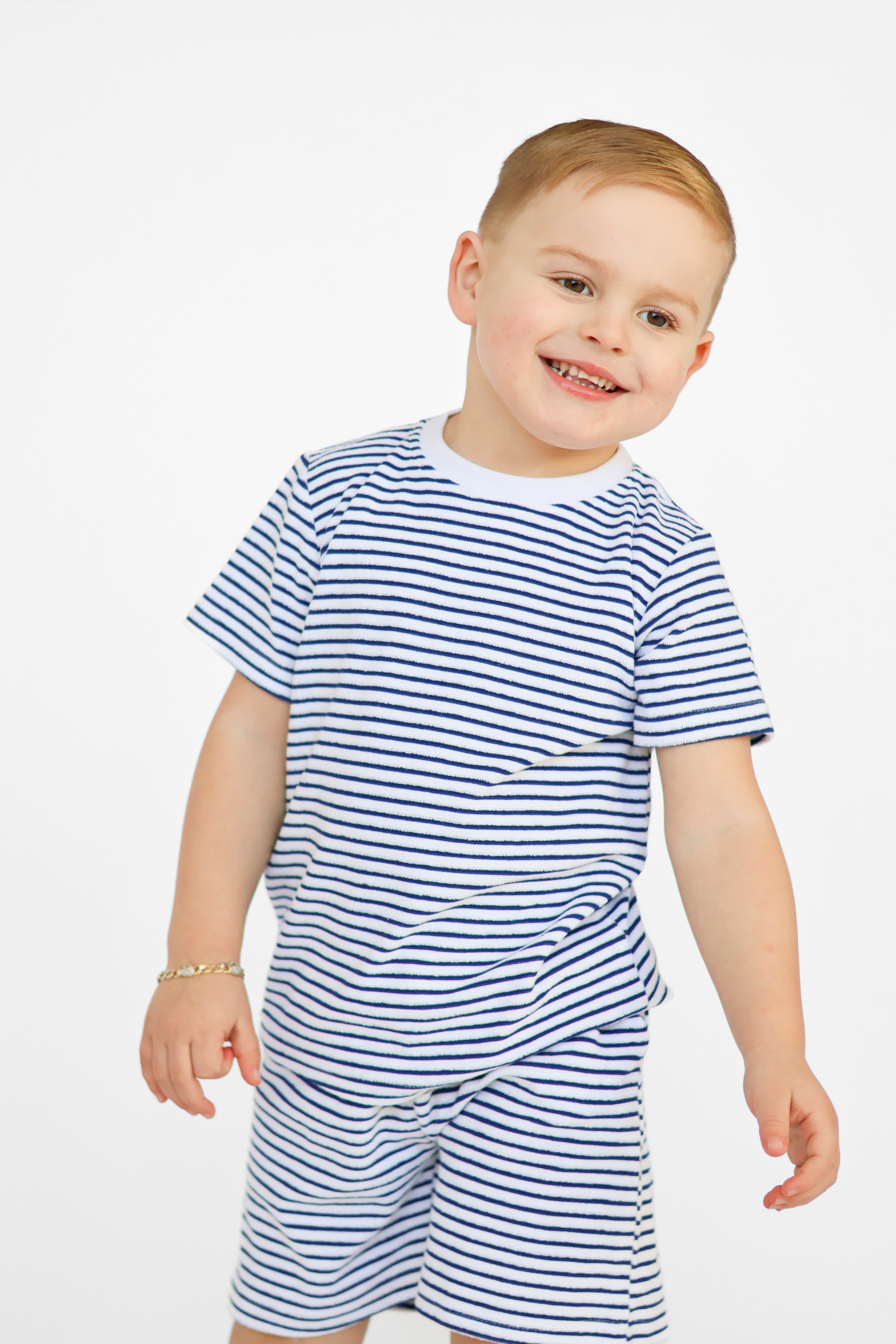 Leo Boys Stripe Towelling Plain Shorts & T-Shirt Set Navy
