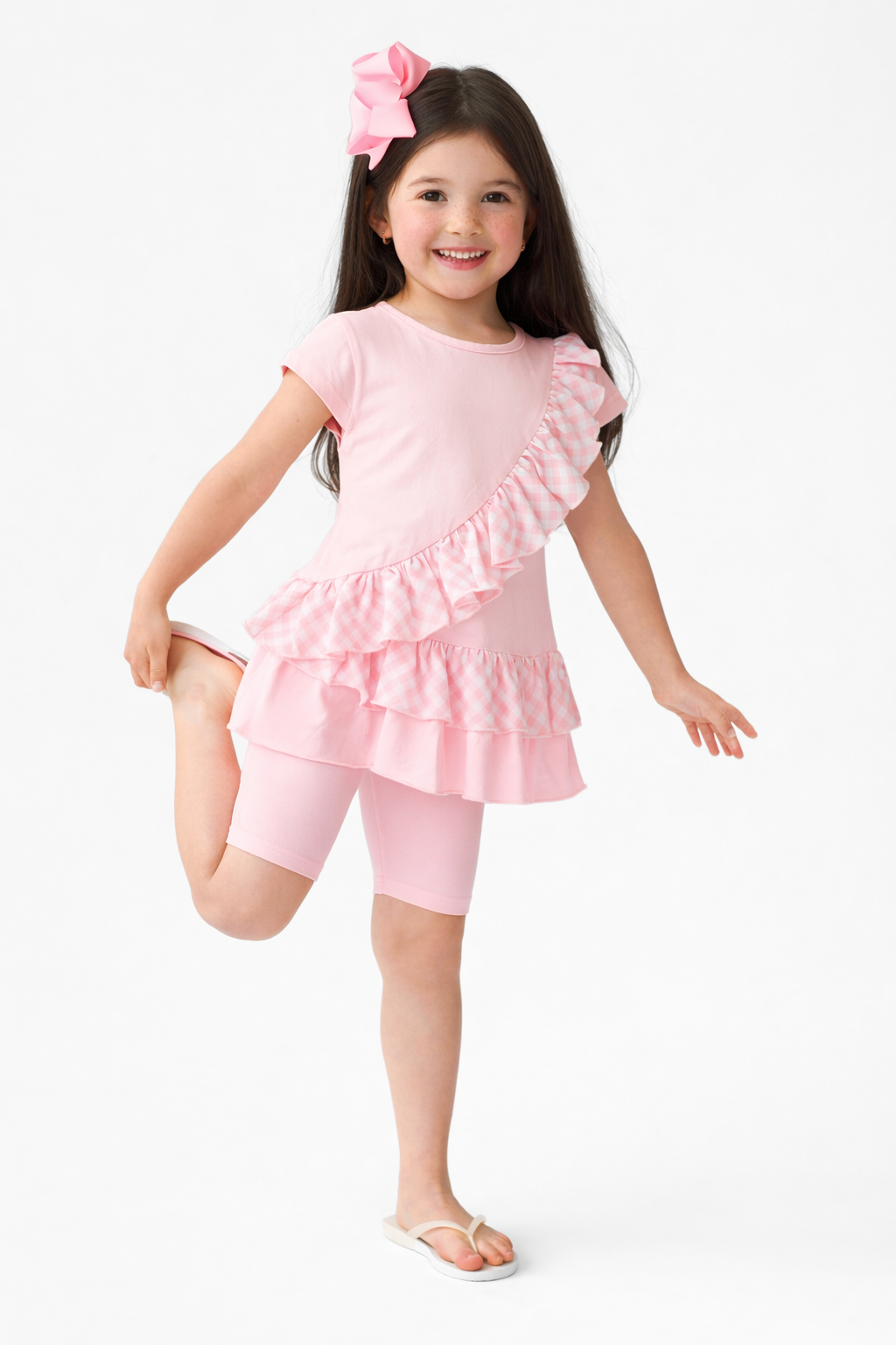 Amie 3 Piece Girls Gingham Top, Leggings & Cycling Shorts Set Pink