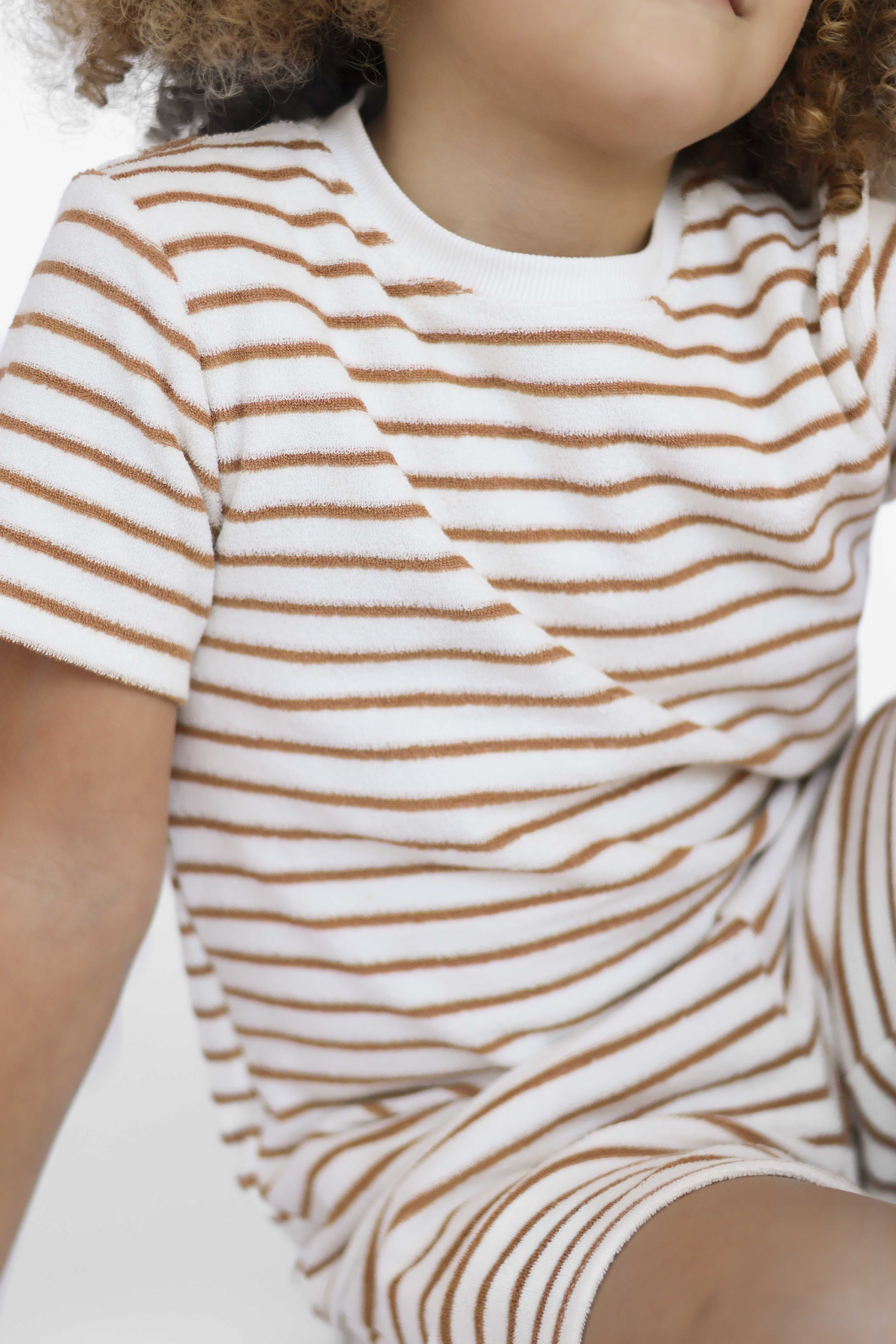 Leo Boys Stripe Towelling Plain Shorts & T-Shirt Set Beige