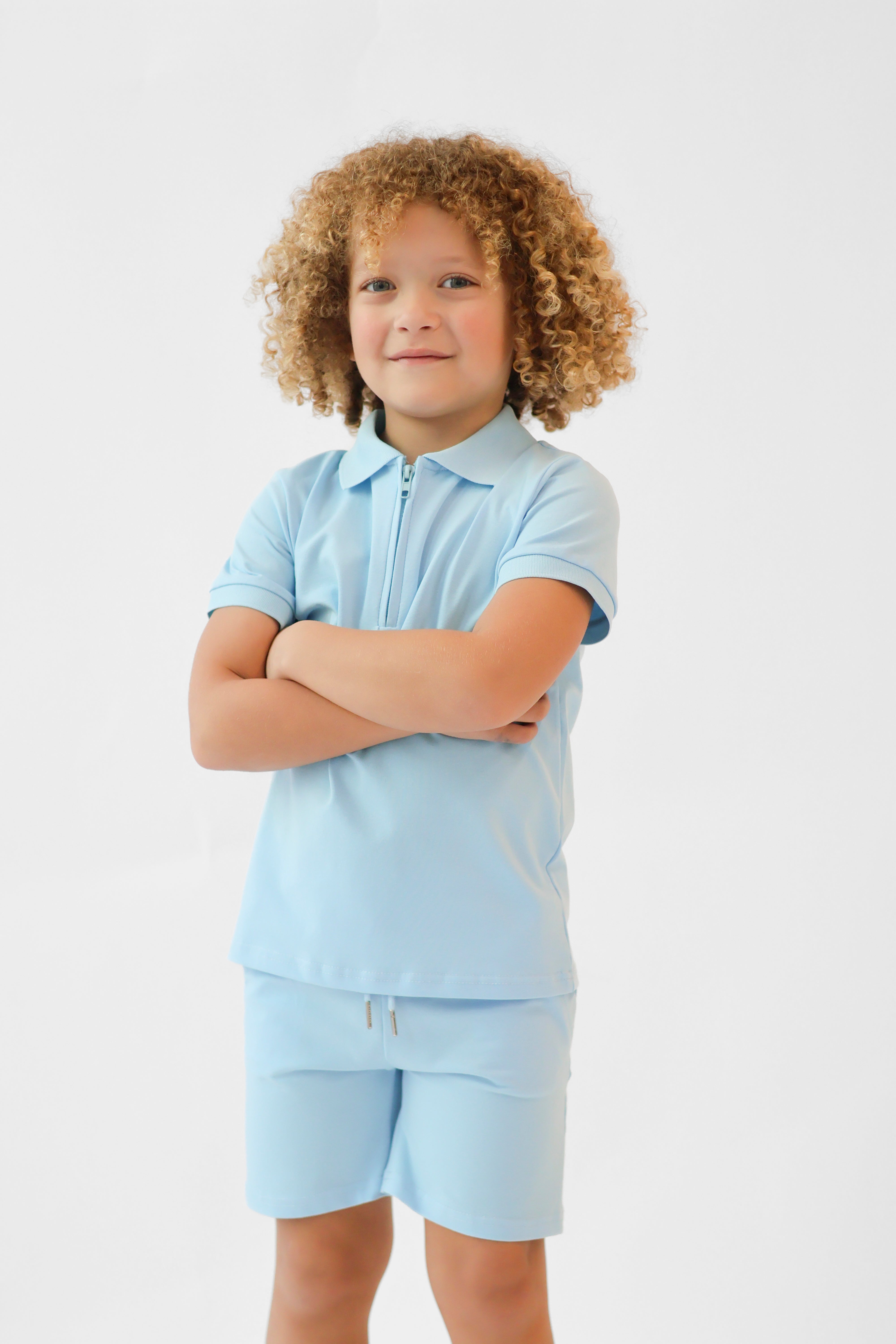 Jay Boys Plain Zip Up Polo Short Set Blue
