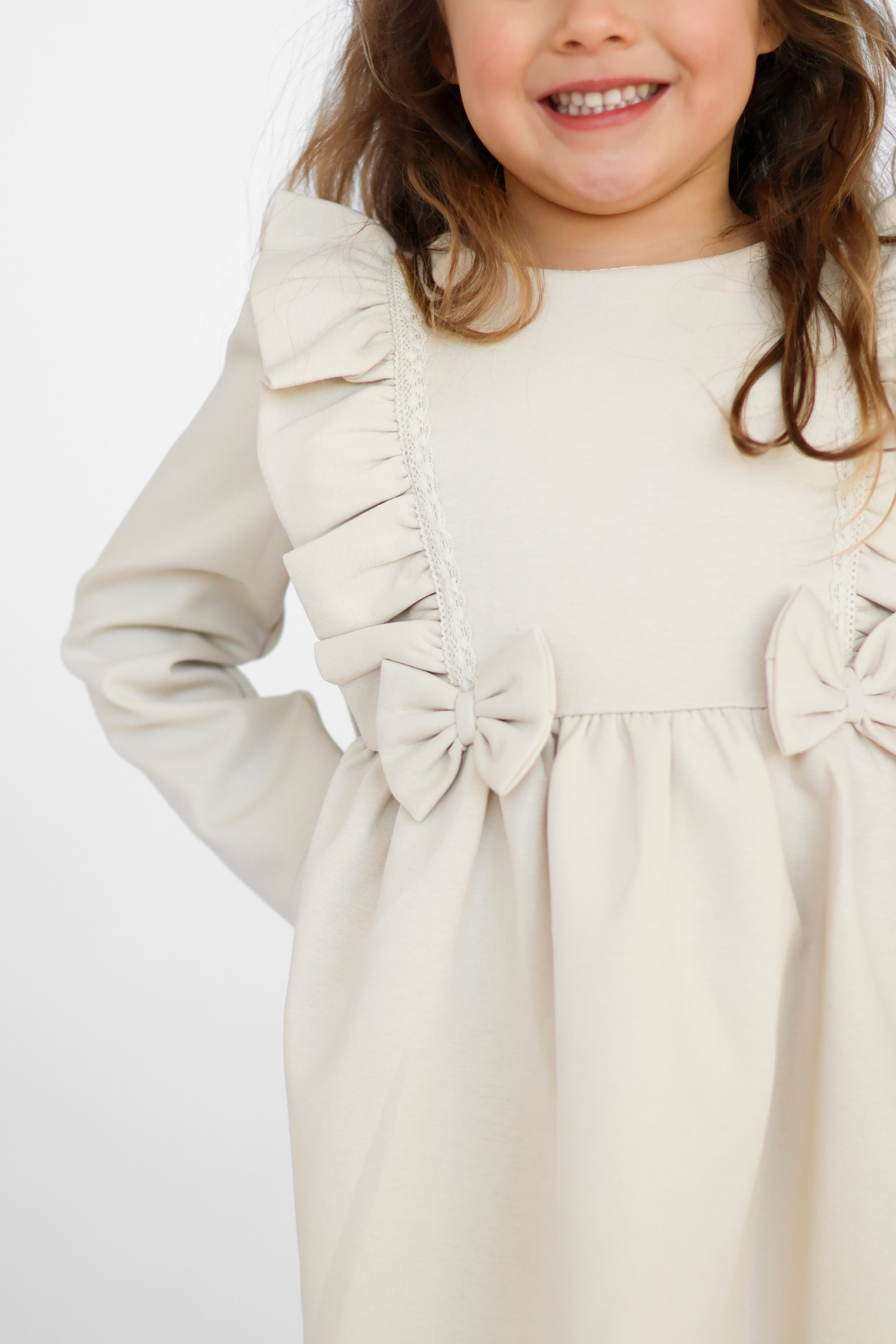 Bella Girls Bow Frill Dress Beige