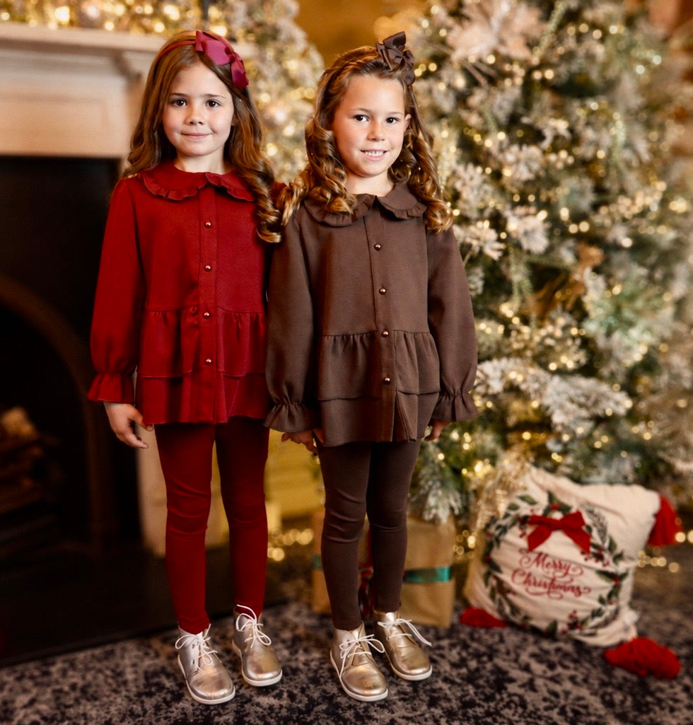 Elsie Luxe Girls Pearl Button Top & Legging Tracksuit Set Burgundy