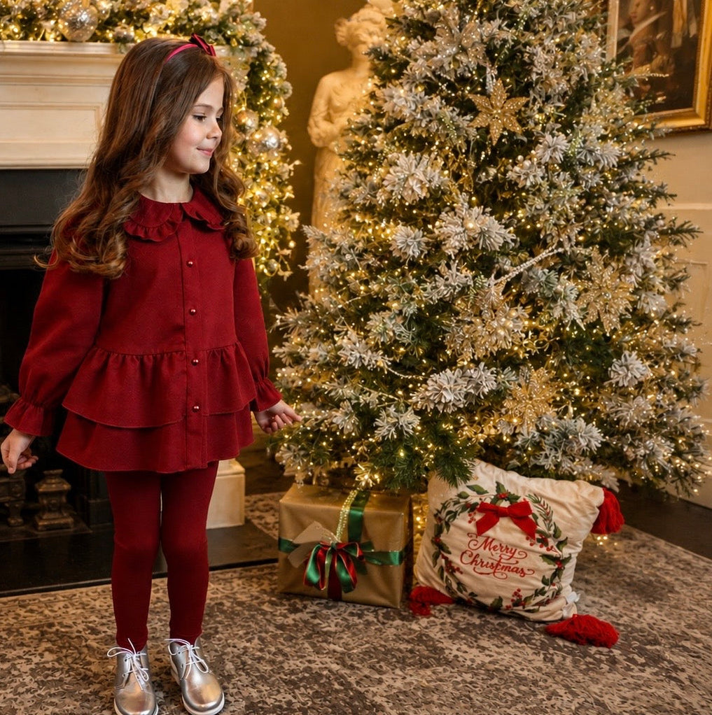 Elsie Luxe Girls Pearl Button Top & Legging Tracksuit Set Burgundy