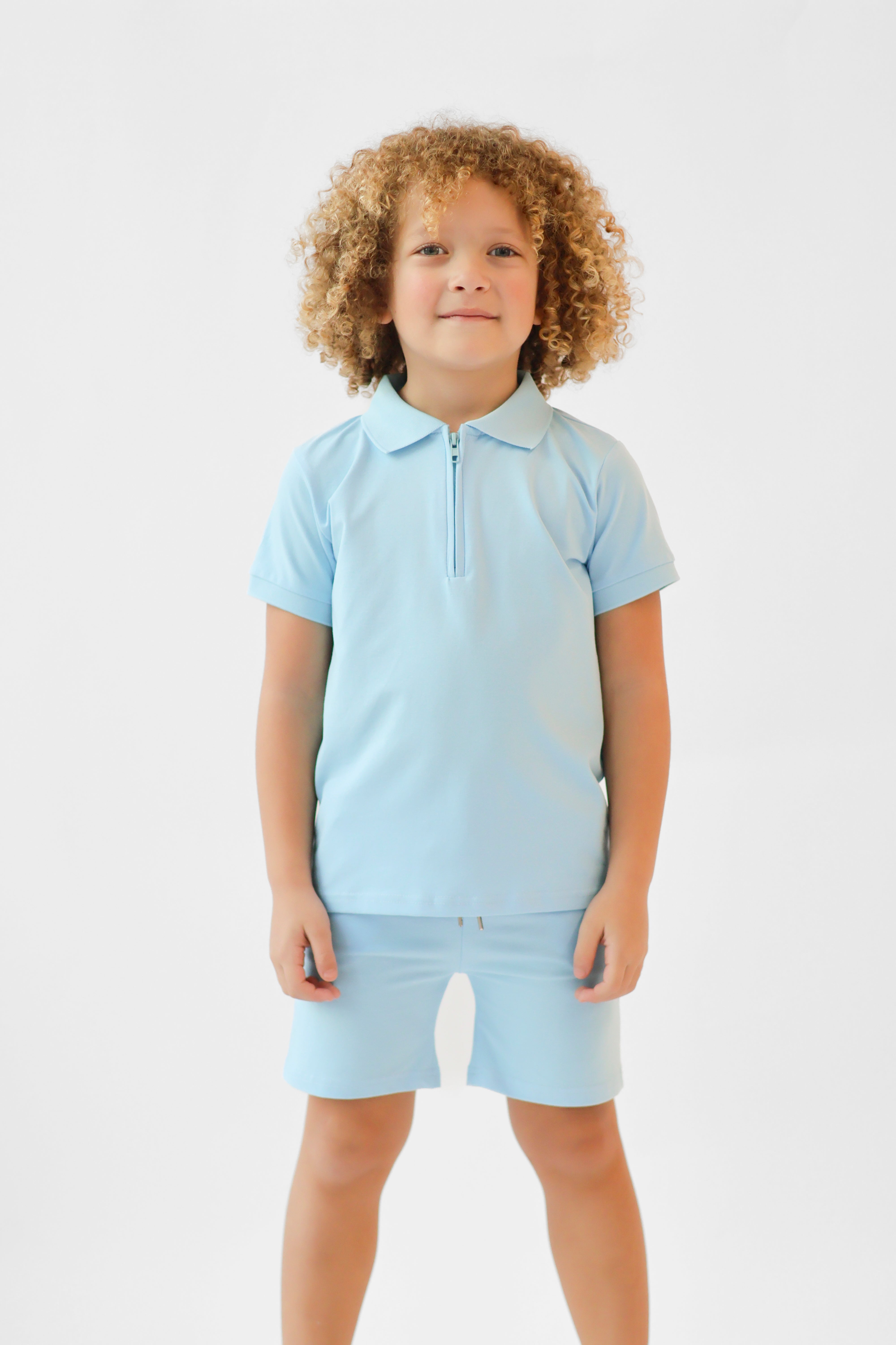 Jay Boys Plain Zip Up Polo Short Set Blue