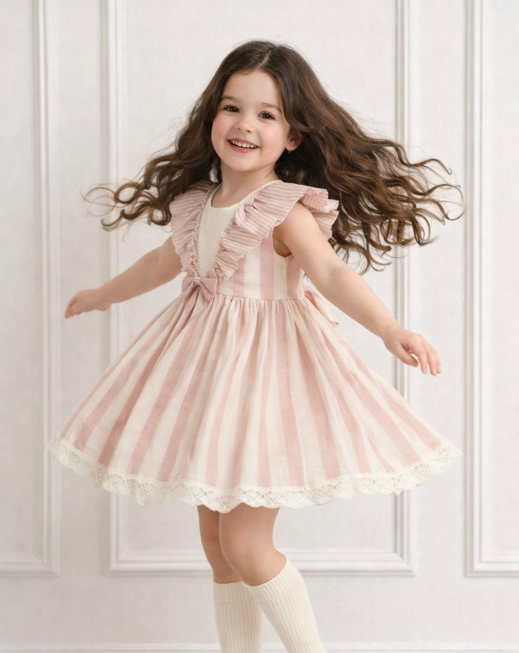 26545 Older Girls Pink & Beige Stripe Bow Dress