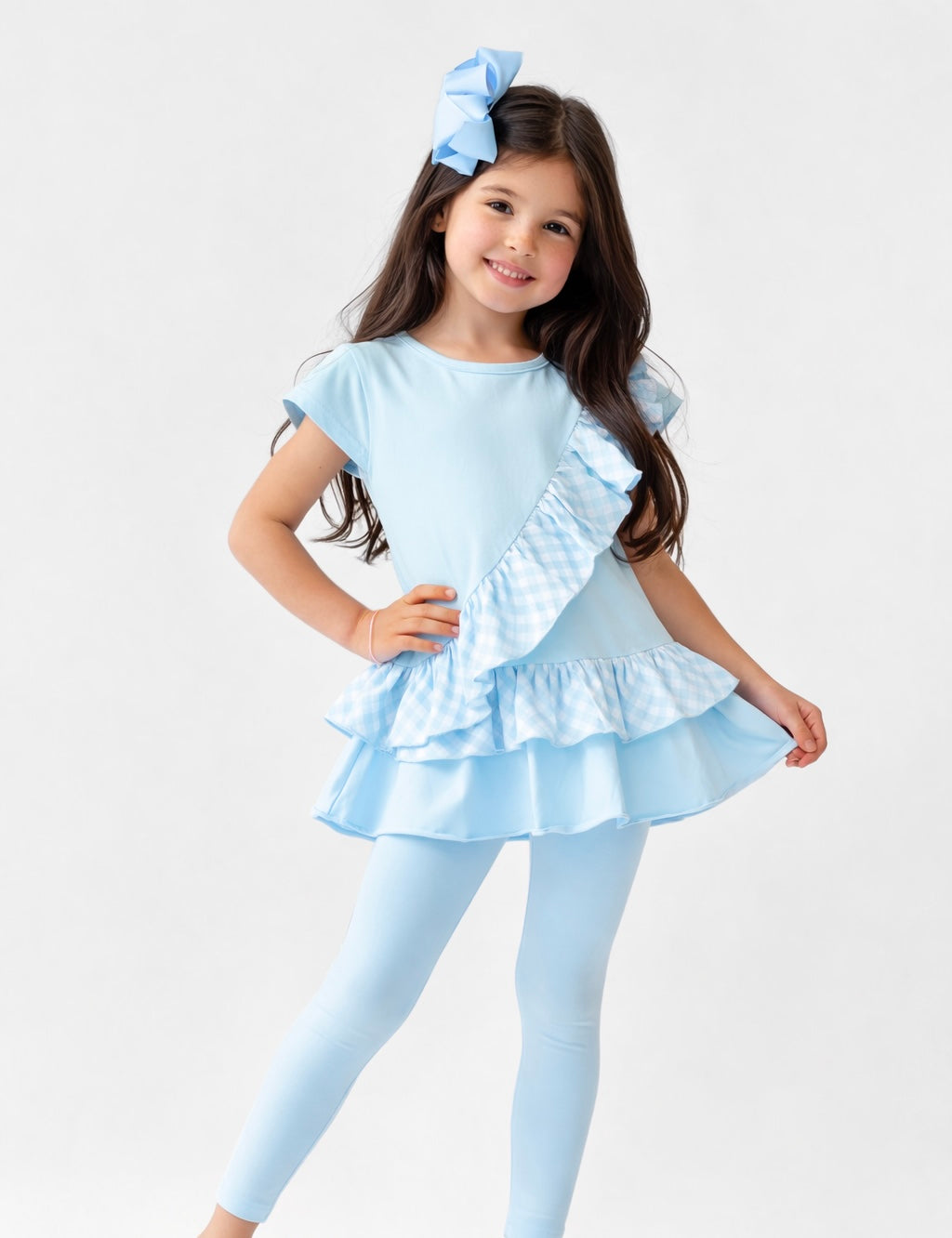 Amie 3 Piece Girls Gingham Top, Leggings & Cycling Shorts Set Blue