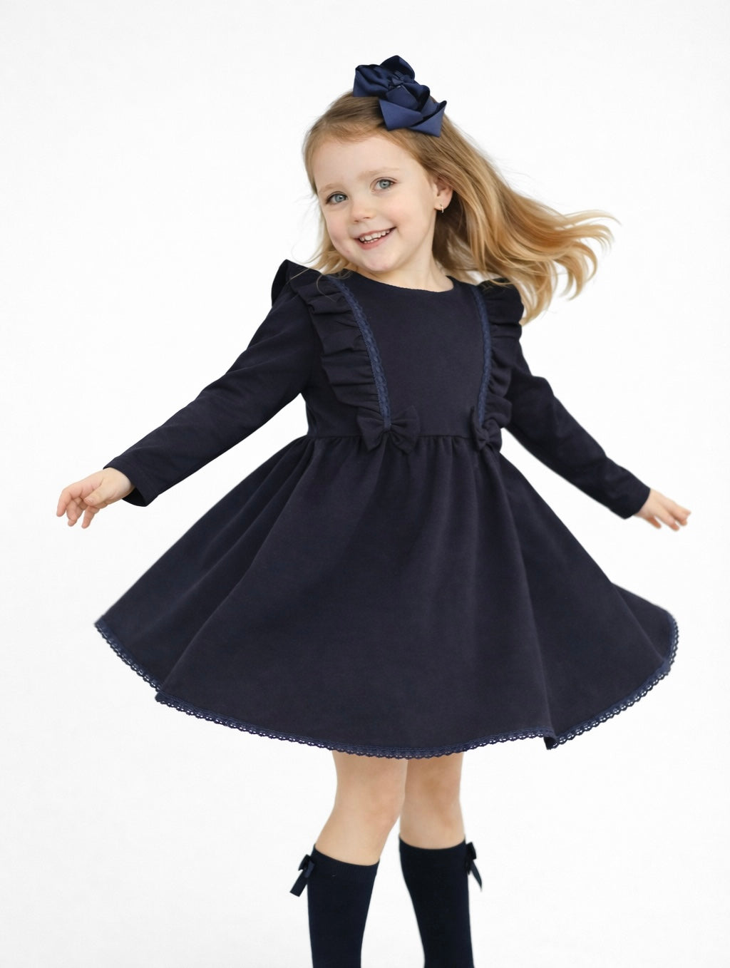 Bella Girls Bow Frill Dress Navy