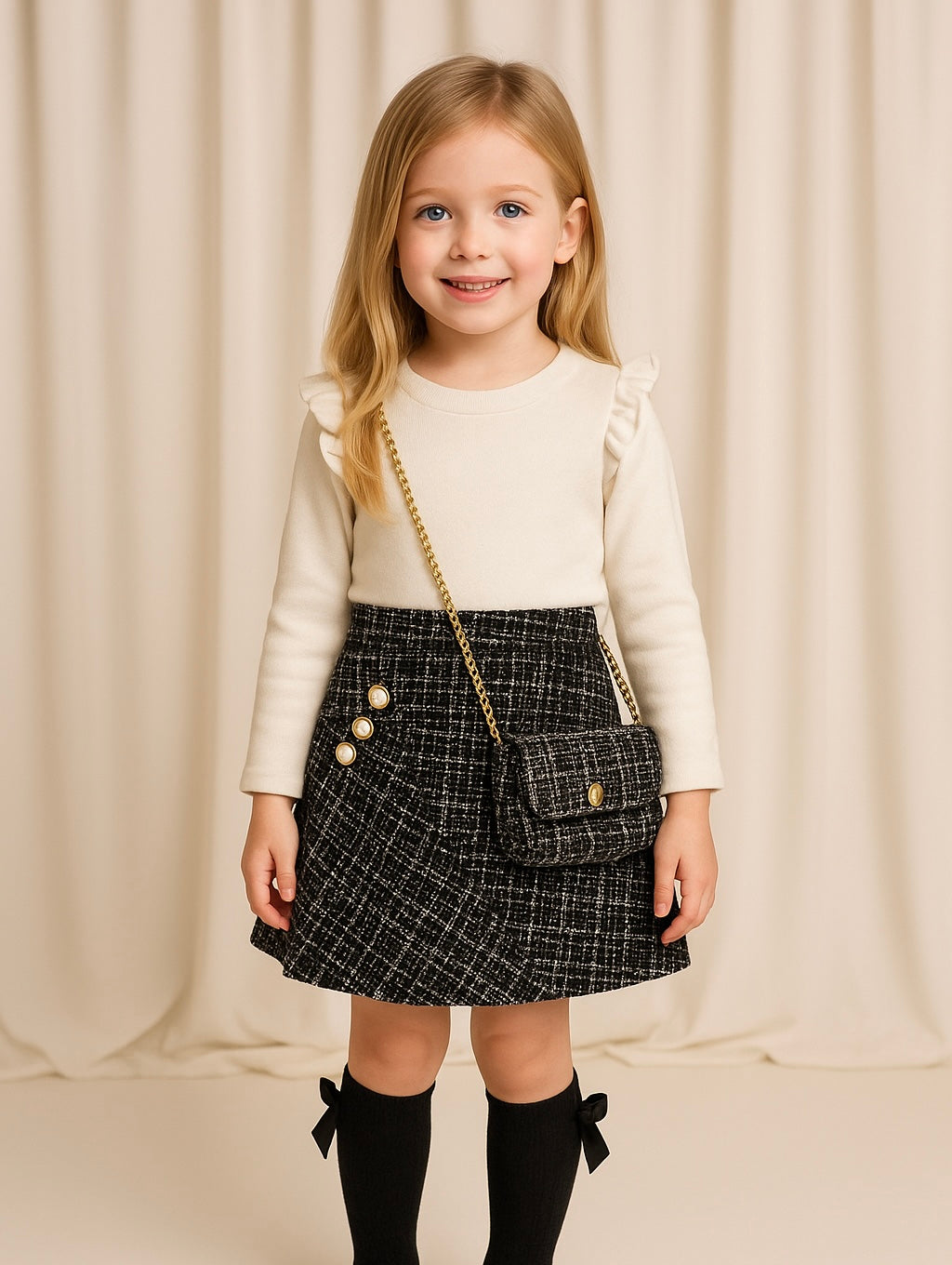 Girls Black/Cream Tweed Look Dress