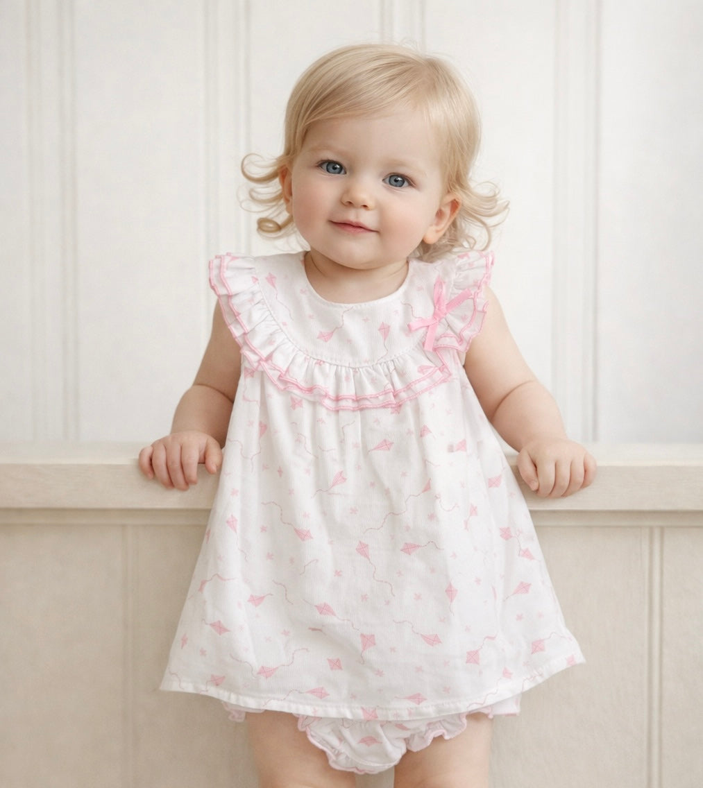 26104 Baby Girls Pink & White Kite Printed Ribbon Dress
