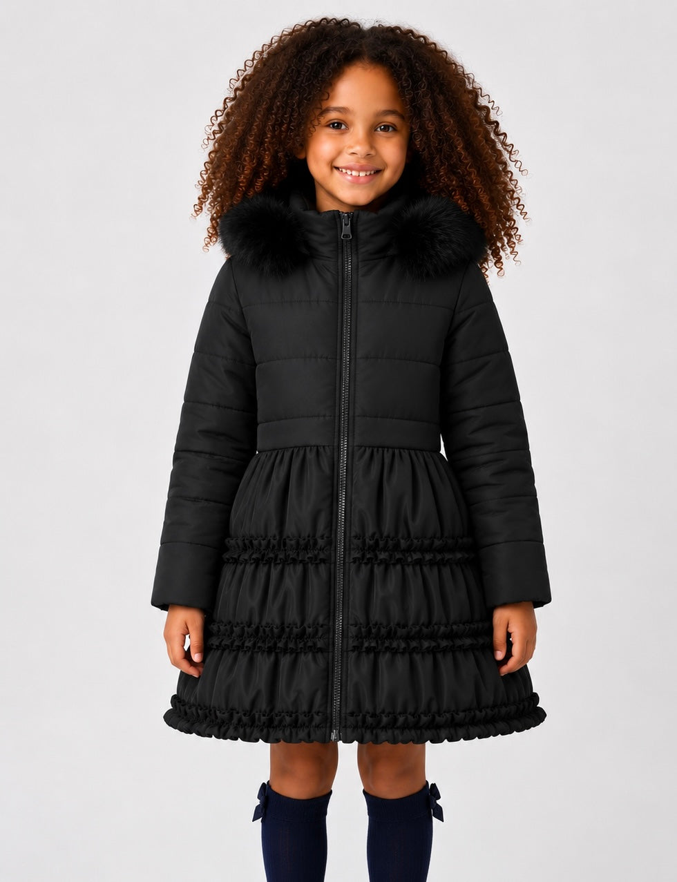 Rosie Girls Ruffle Frilly Padded Coat Black