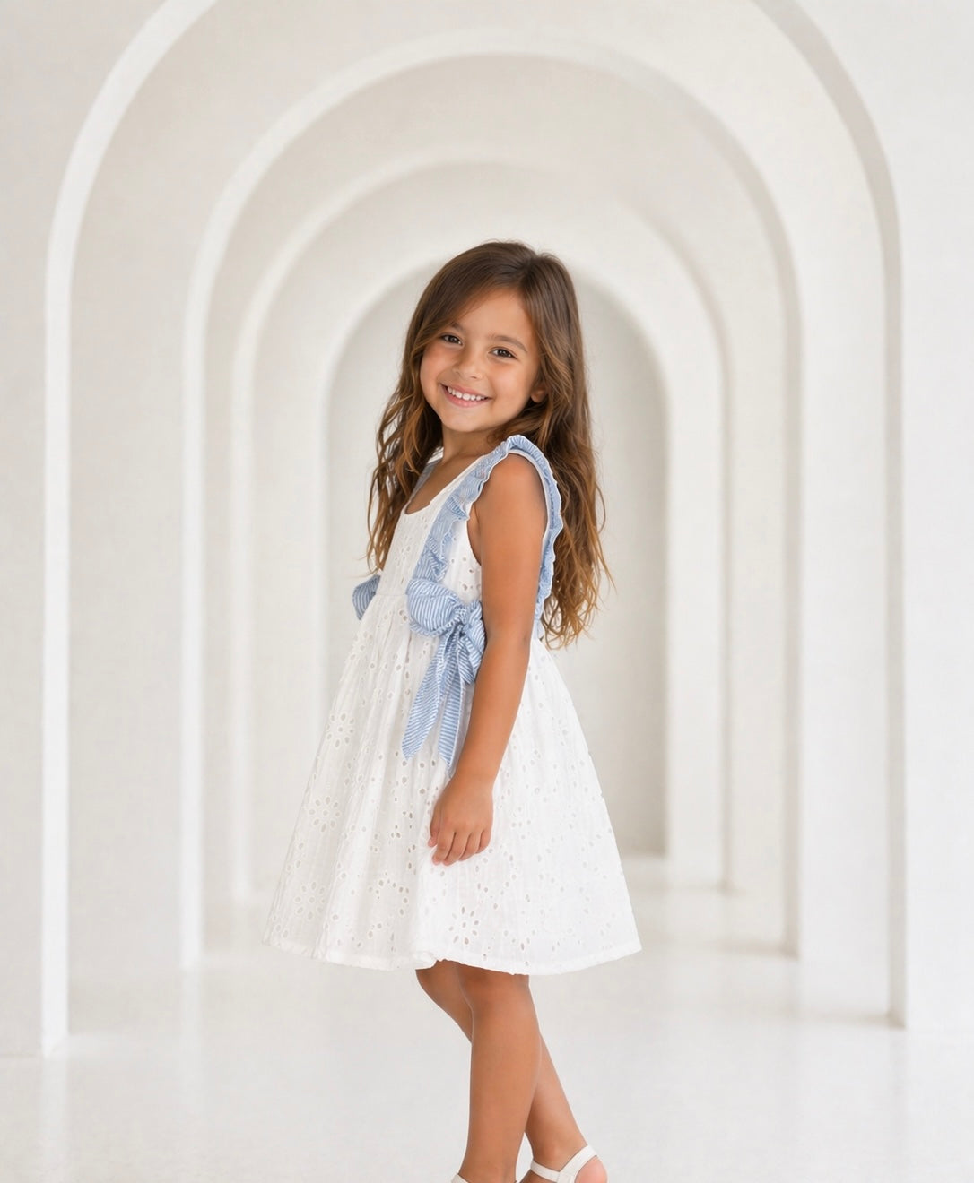21329 Girls Embroidery Anglaise Dress White/Blue
