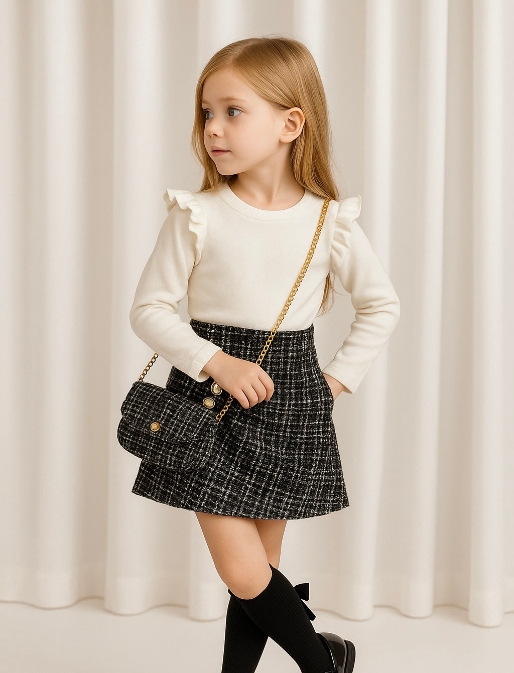 Girls Black/Cream Tweed Look Dress