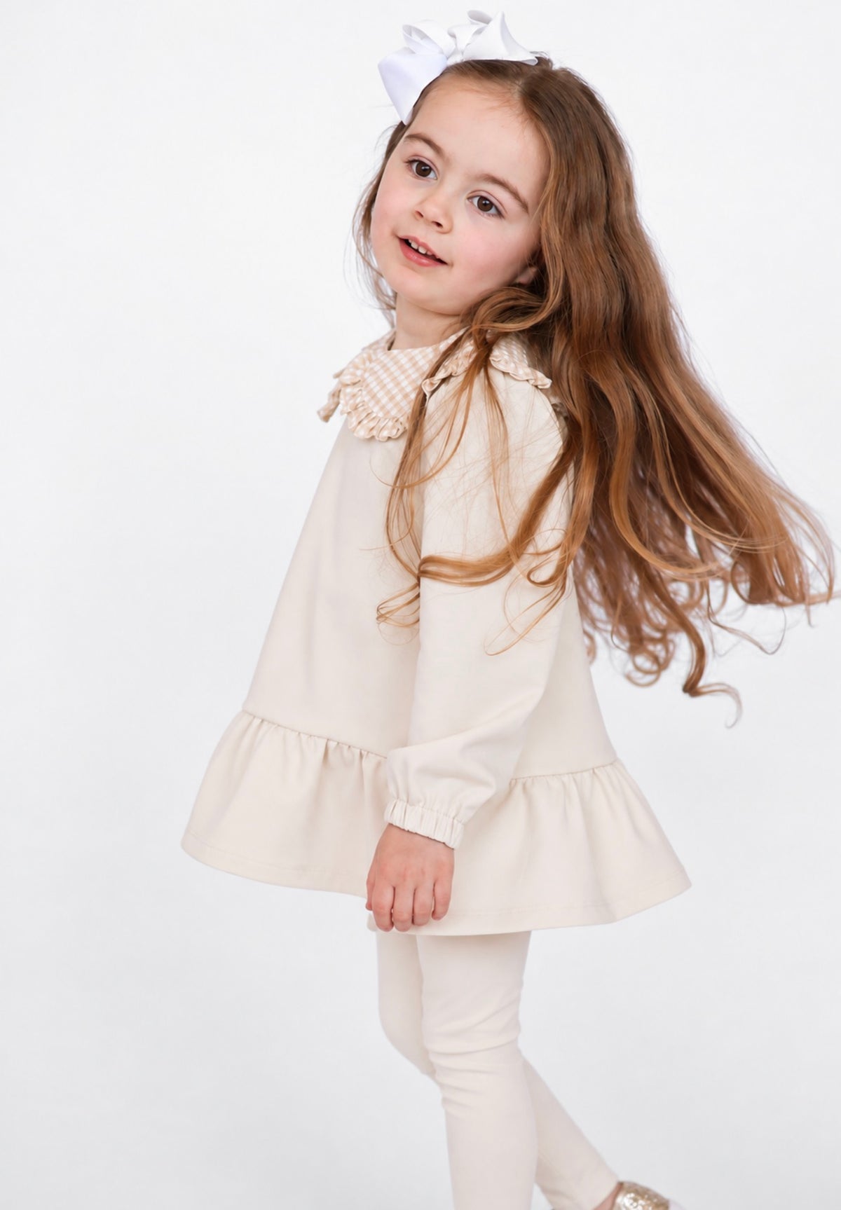 Posie Luxe Girls Checked  Jumper & Legging Tracksuit Set Beige